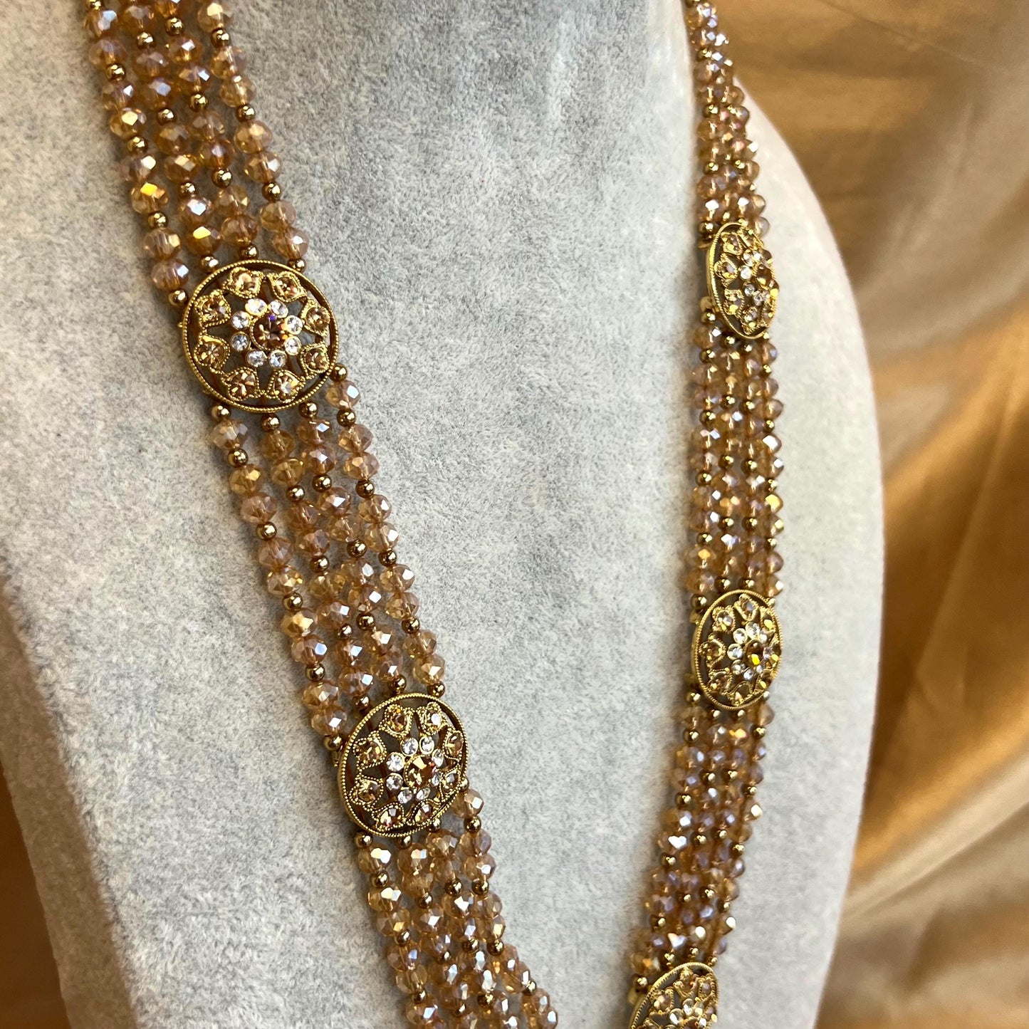 Champagne Long Necklace Mala Haar Heavy High Quality Golden Rhinestone Adjustable Indian Pakistani Bollywood Wedding Fashion Desi Jewellery