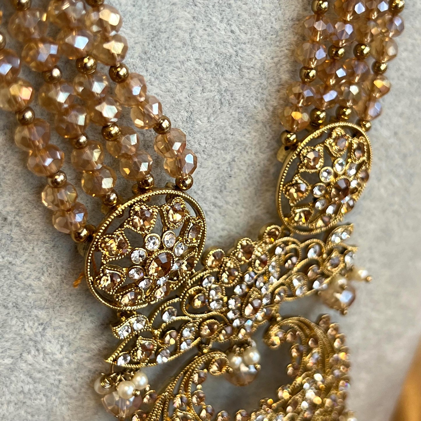 Champagne Long Necklace Mala Haar Heavy High Quality Golden Rhinestone Adjustable Indian Pakistani Bollywood Wedding Fashion Desi Jewellery