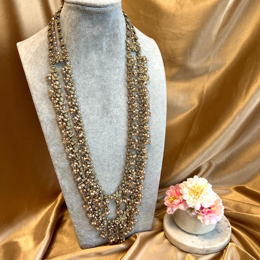 Champagne Long Necklace Mala Haar Heavy High Quality Golden Rhinestone Adjustable Indian Pakistani Bollywood Wedding Fashion Desi Jewellery