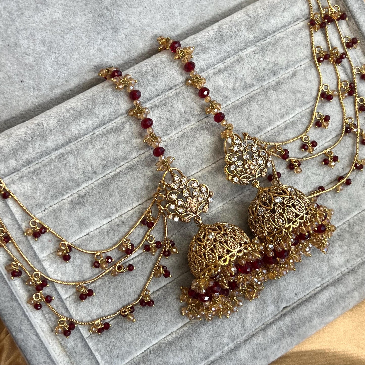 Beautiful Maroon Antique Gold Base Champagne Clear Zircon Gems Bridal Choker Set Chain Jhumka Earring, Tikka, Large Jhumar Indian Pakistani