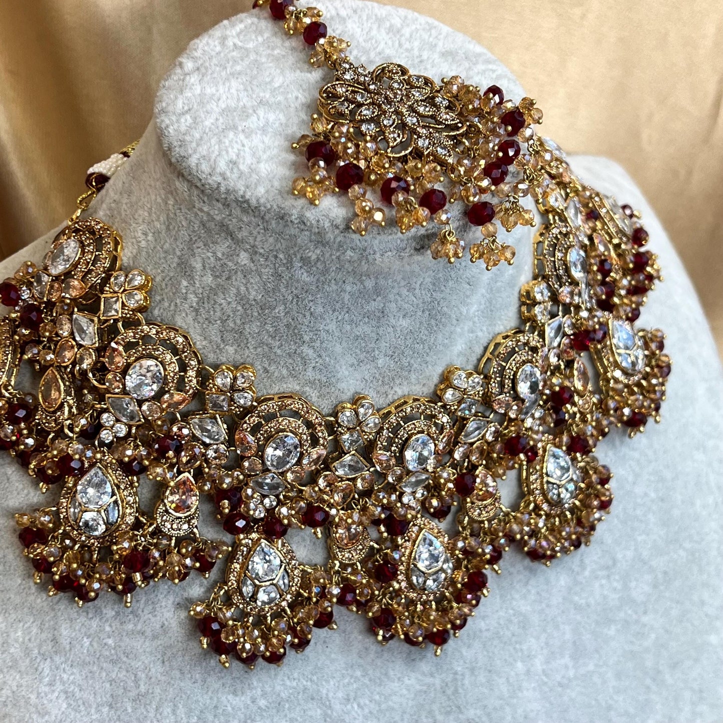 Beautiful Maroon Antique Gold Base Champagne Clear Zircon Gems Bridal Choker Set Chain Jhumka Earring, Tikka, Large Jhumar Indian Pakistani