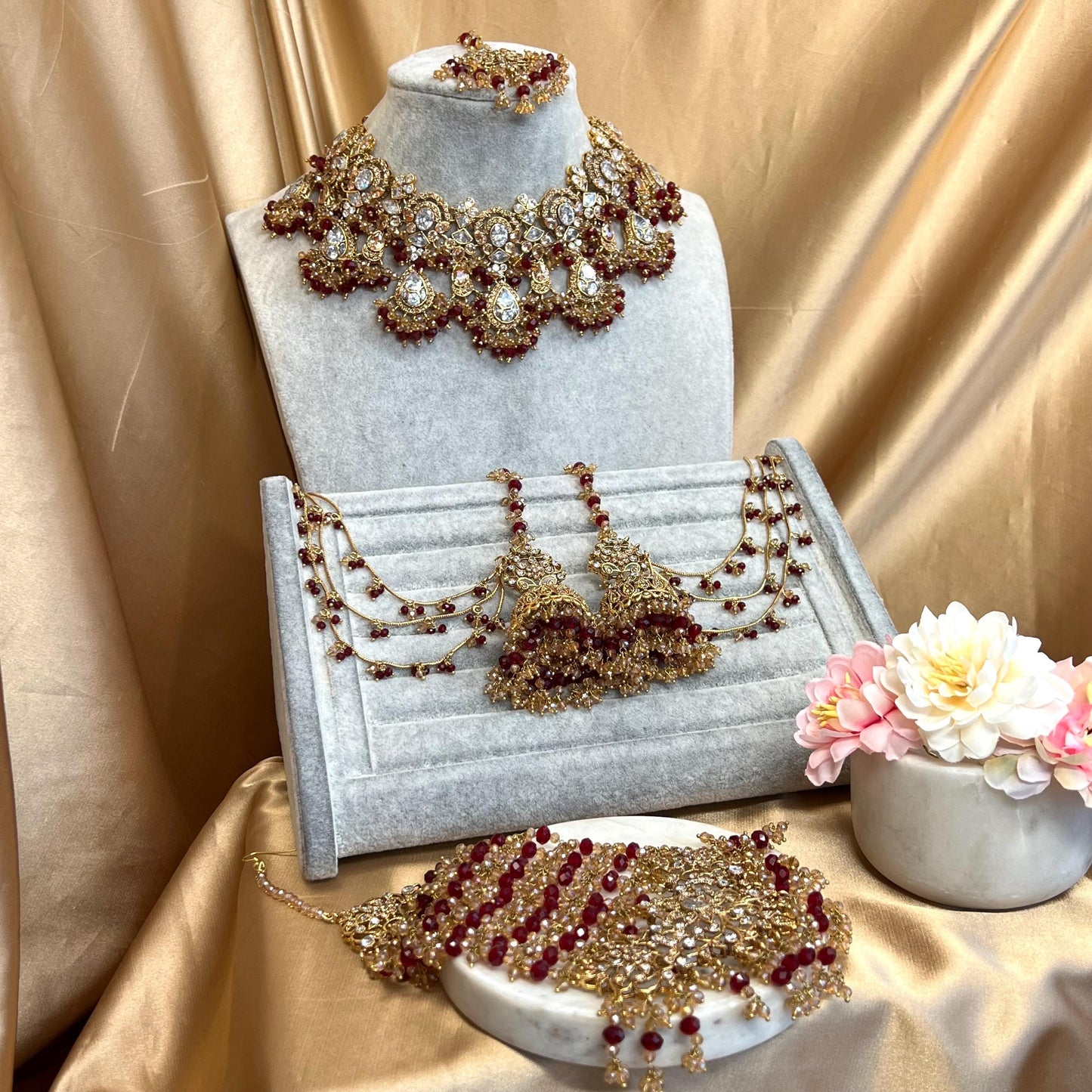 Beautiful Maroon Antique Gold Base Champagne Clear Zircon Gems Bridal Choker Set Chain Jhumka Earring, Tikka, Large Jhumar Indian Pakistani
