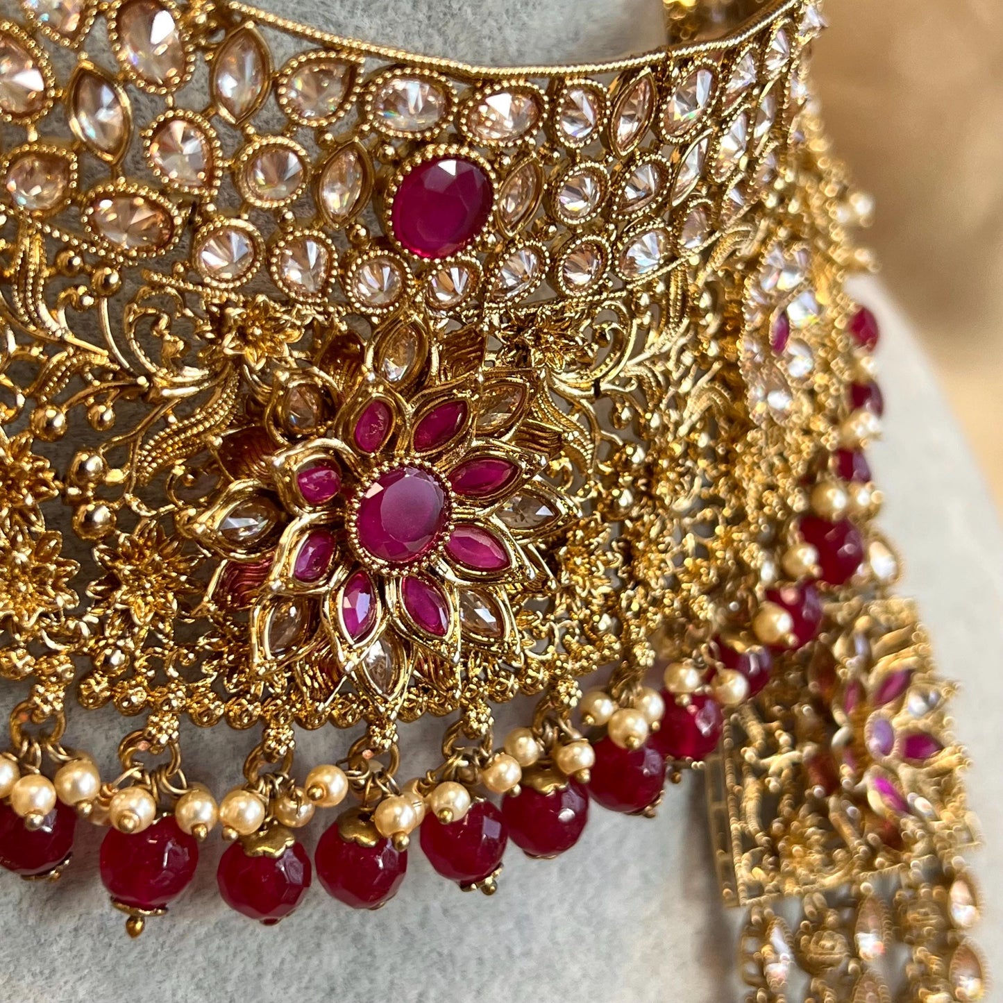 Ruby 5 Piece Antique Gold Champagne Zircon Bridal Choker Chain Jhumka Earring Mathapatti NoseRing Hand Harness High Quality Indian Pakistani