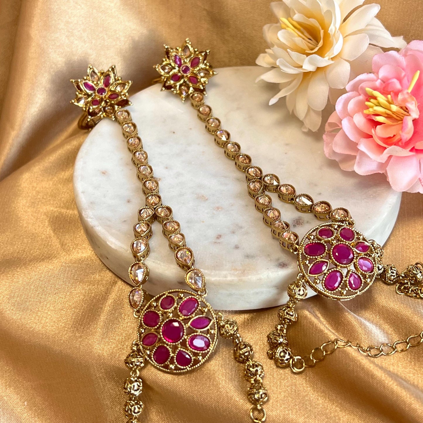 Ruby 5 Piece Antique Gold Champagne Zircon Bridal Choker Chain Jhumka Earring Mathapatti NoseRing Hand Harness High Quality Indian Pakistani