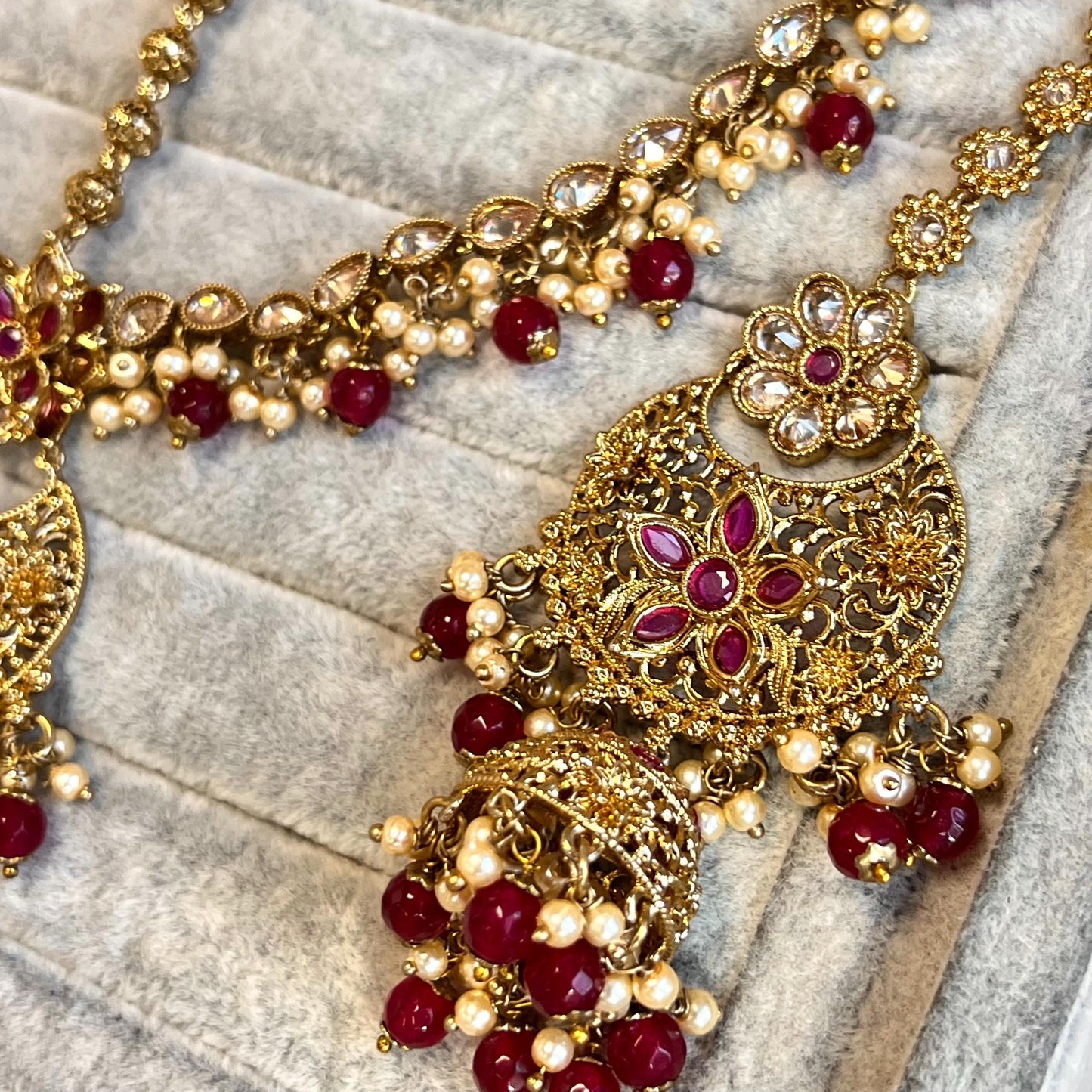 Ruby 5 Piece Antique Gold Champagne Zircon Bridal Choker Chain Jhumka Earring Mathapatti NoseRing Hand Harness High Quality Indian Pakistani