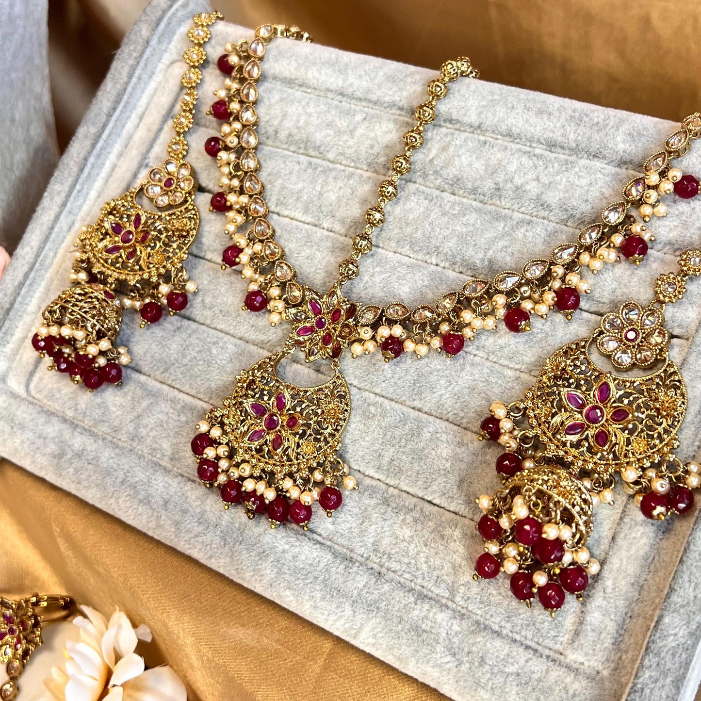 Ruby 5 Piece Antique Gold Champagne Zircon Bridal Choker Chain Jhumka Earring Mathapatti NoseRing Hand Harness High Quality Indian Pakistani