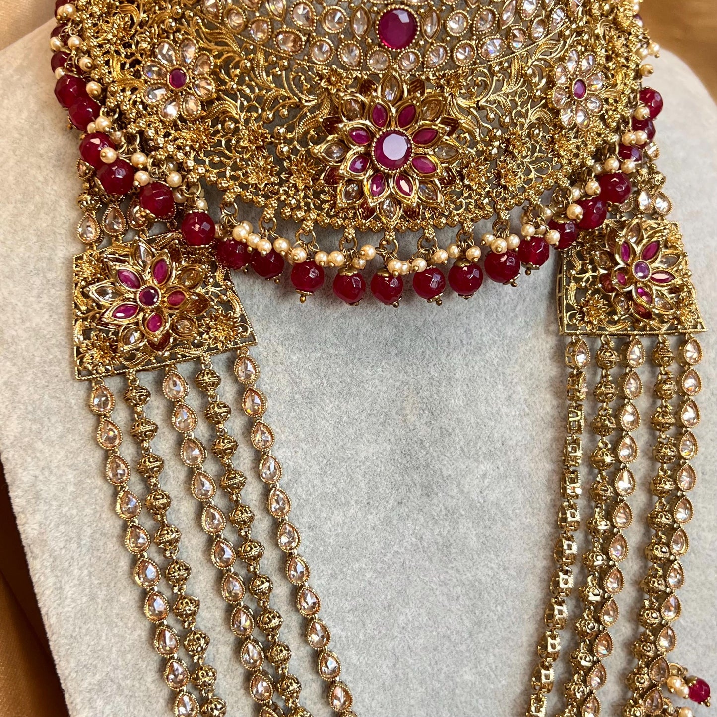 Ruby 5 Piece Antique Gold Champagne Zircon Bridal Choker Chain Jhumka Earring Mathapatti NoseRing Hand Harness High Quality Indian Pakistani