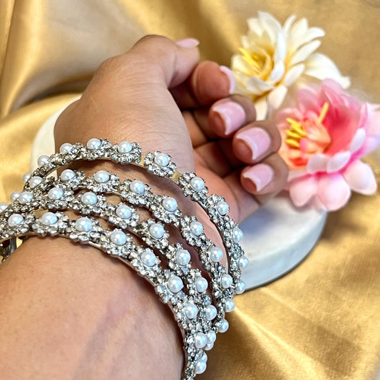 Silver Oxidised Daisy Pearl Bangles set of 4 High Quality Gift for her Indian Pakistani Bracelet Rhinestone