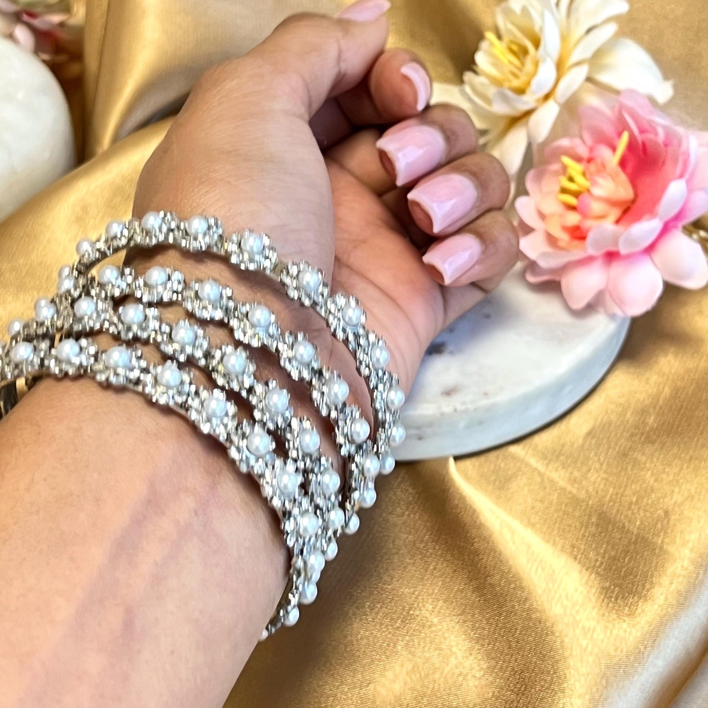 Silver Oxidised Daisy Pearl Bangles set of 4 High Quality Gift for her Indian Pakistani Bracelet Rhinestone