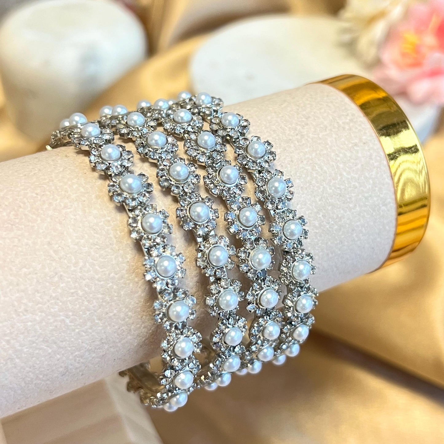 Silver Oxidised Daisy Pearl Bangles set of 4 High Quality Gift for her Indian Pakistani Bracelet Rhinestone