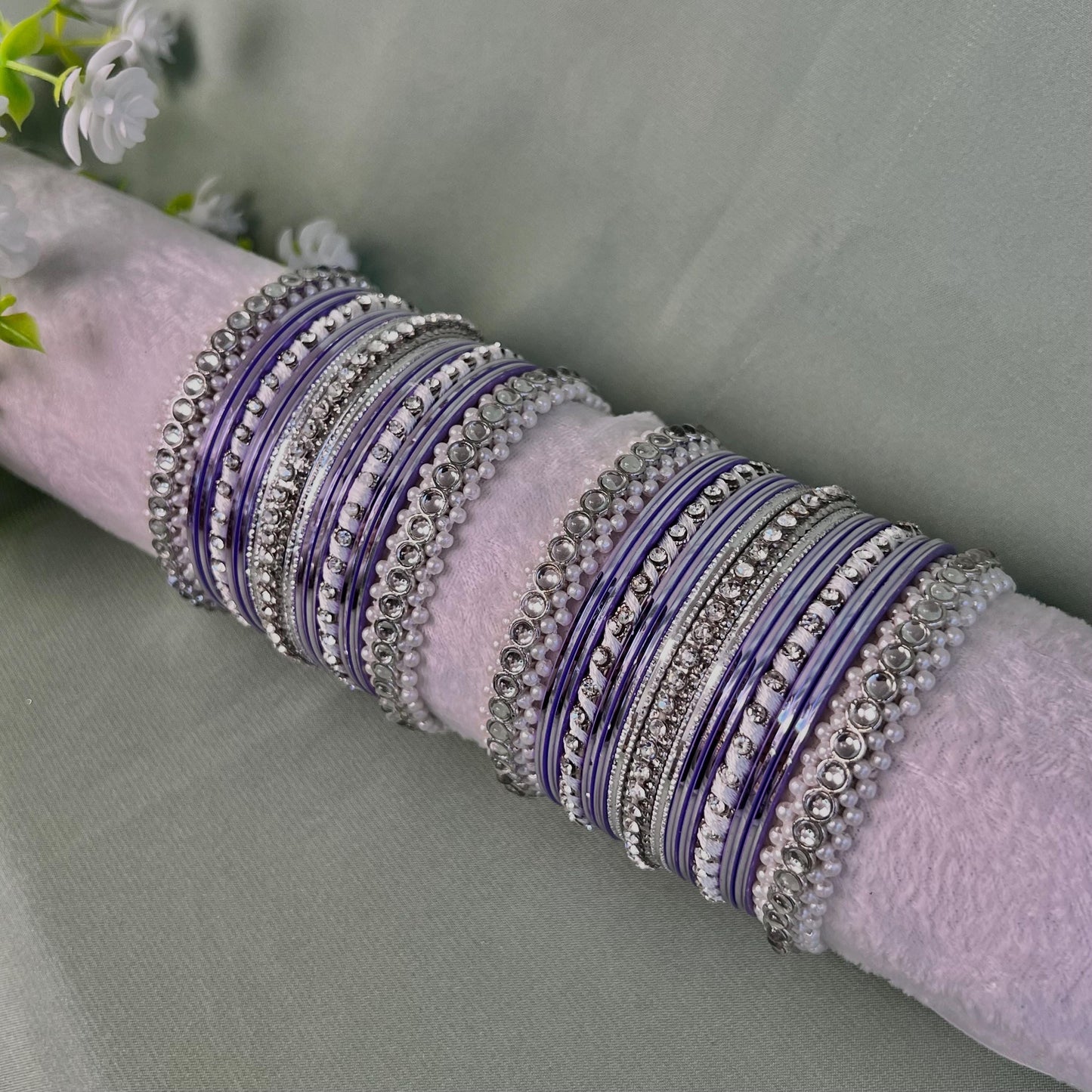 Small Silver & Lilac Pearly Bangle Set - Both Arms/Pink Bangle Set/ Silver Bangle Set/ Pearly Bangle Set/ Faux Kundan Bangle Set