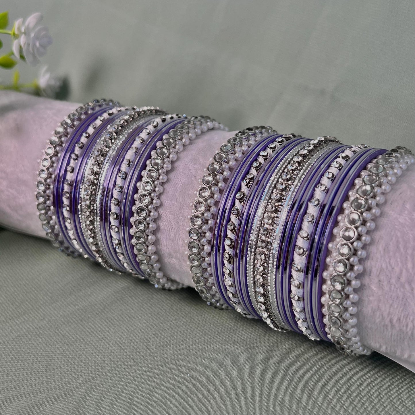 Small Silver & Lilac Pearly Bangle Set - Both Arms/Pink Bangle Set/ Silver Bangle Set/ Pearly Bangle Set/ Faux Kundan Bangle Set