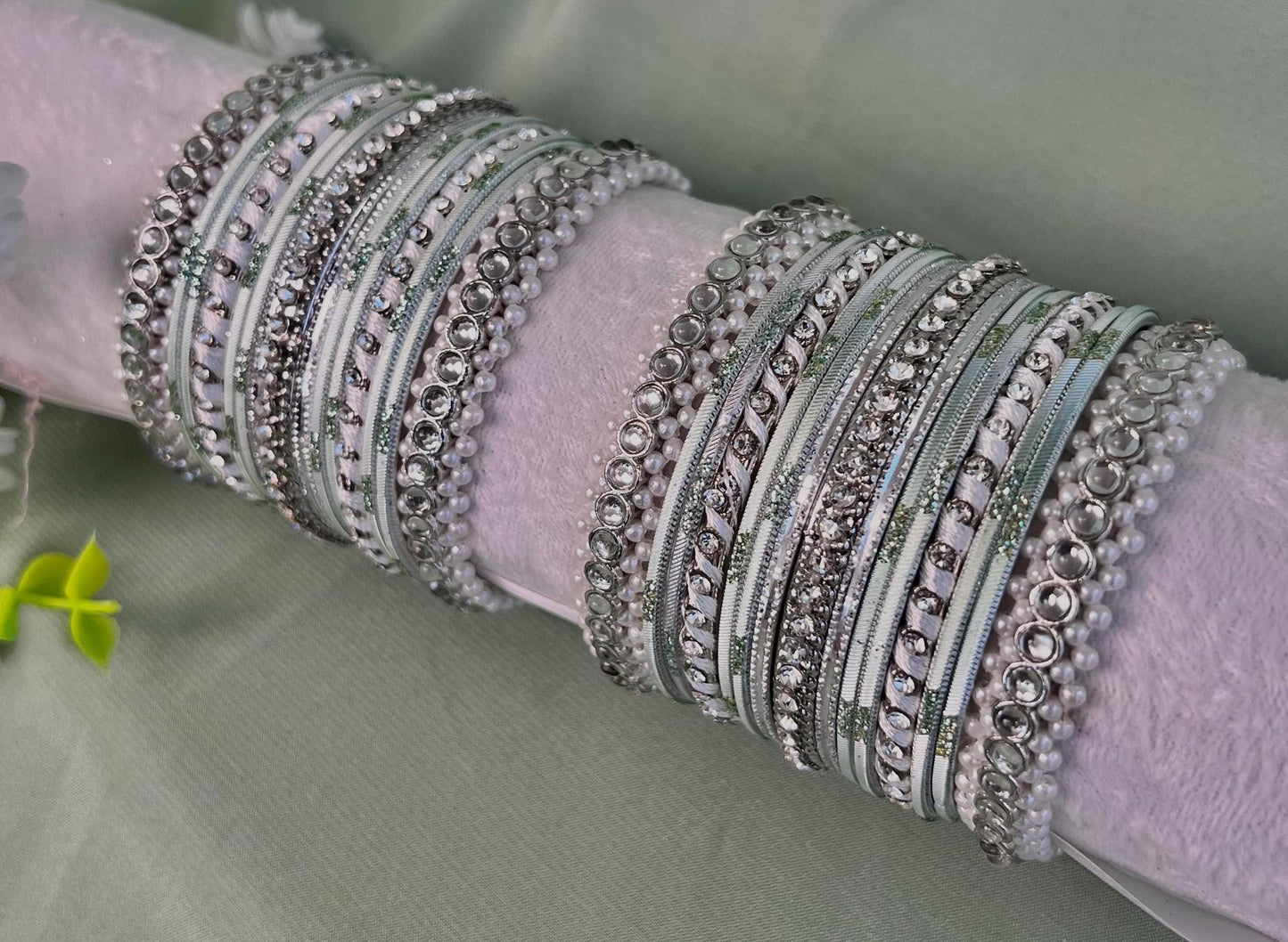 Small Silver & Mint Pearly Bangle Set - Both Arms/Pink Bangle Set/ Silver Bangle Set/ Pearly Bangle Set/ Faux Kundan Bangle Set