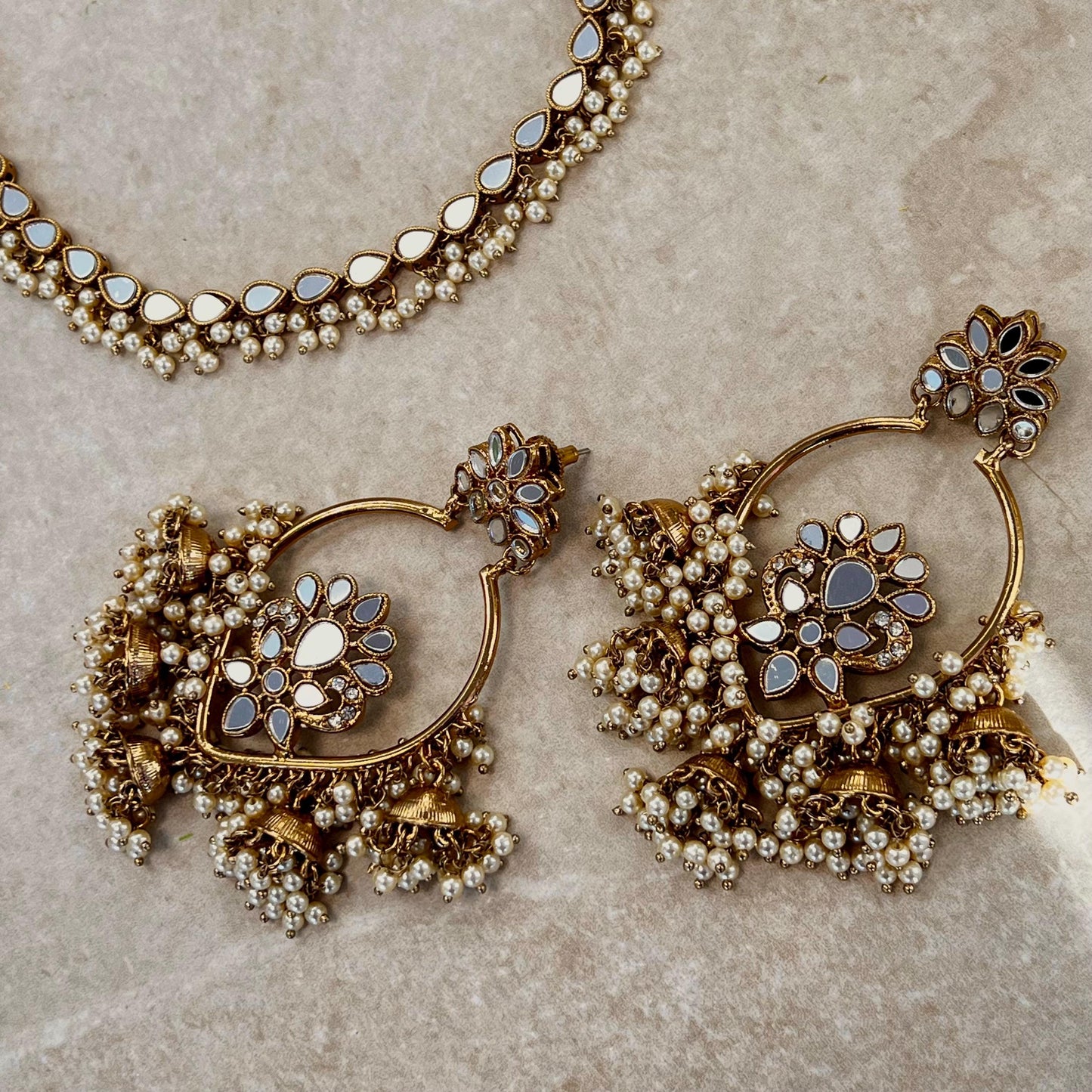 Mirrored Pearl Necklace Set Earring/ Tikka/ Tikli/ Indian/ Pakistani/Fashion Jewellery/ Gift for Women