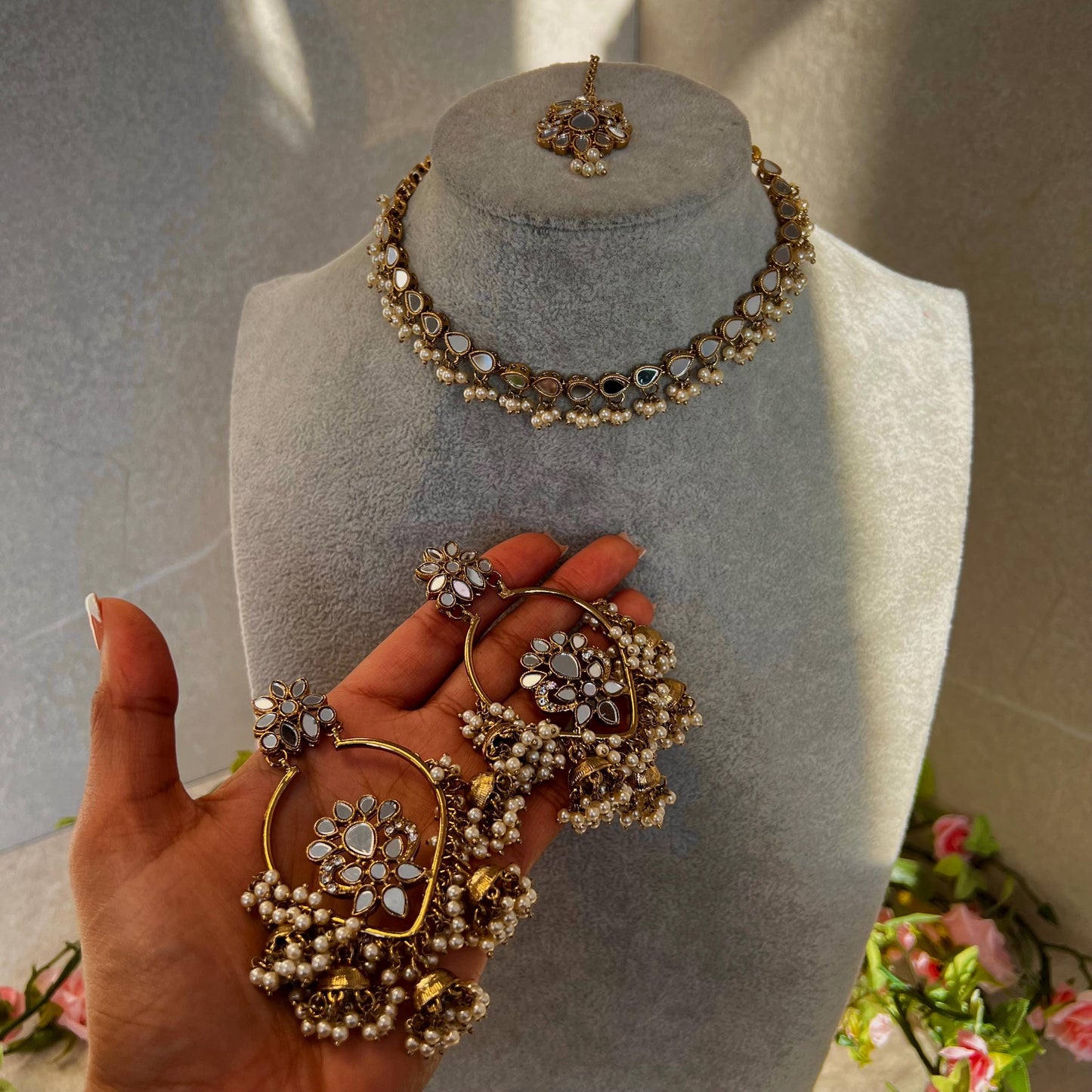 Mirrored Pearl Necklace Set Earring/ Tikka/ Tikli/ Indian/ Pakistani/Fashion Jewellery/ Gift for Women