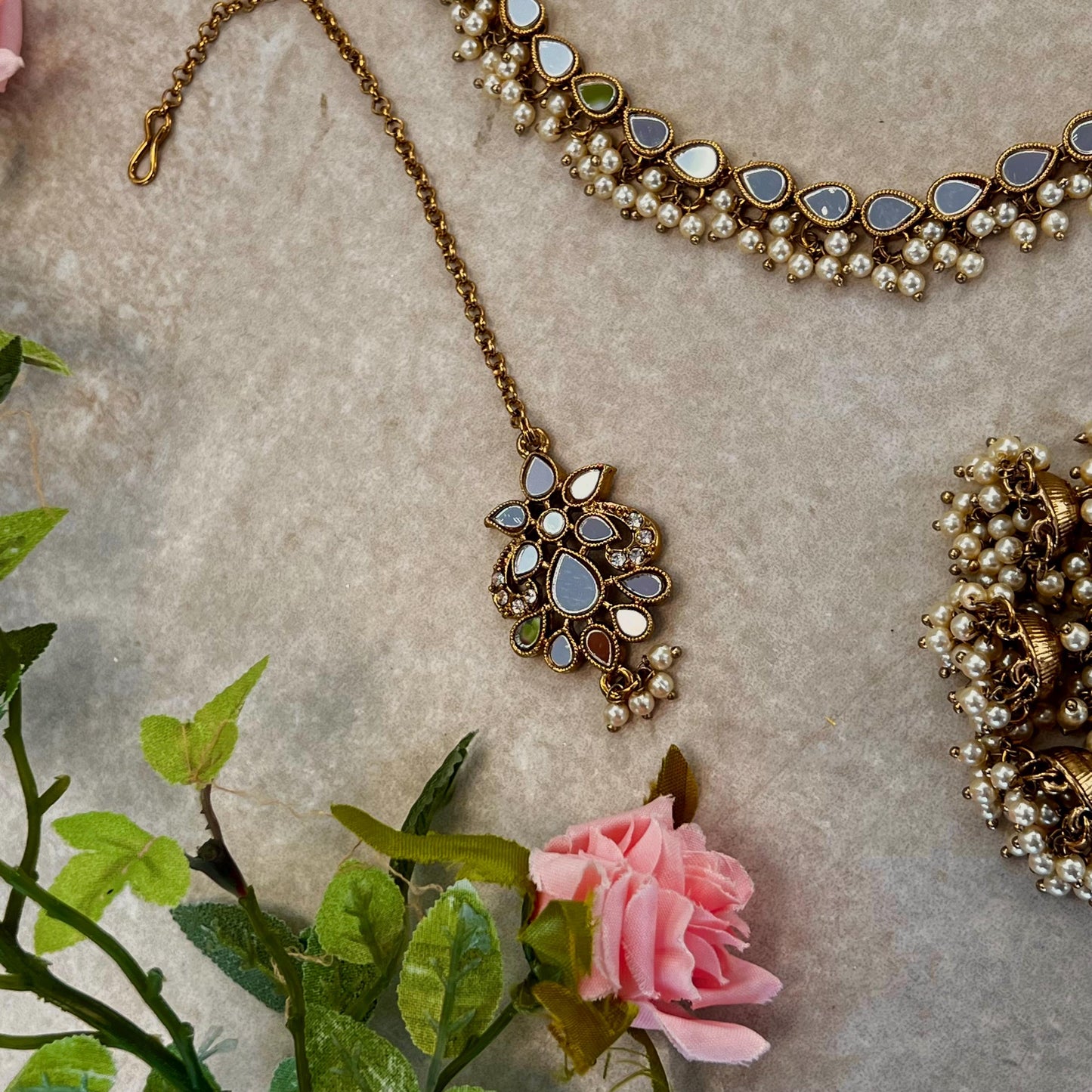 Mirrored Pearl Necklace Set Earring/ Tikka/ Tikli/ Indian/ Pakistani/Fashion Jewellery/ Gift for Women