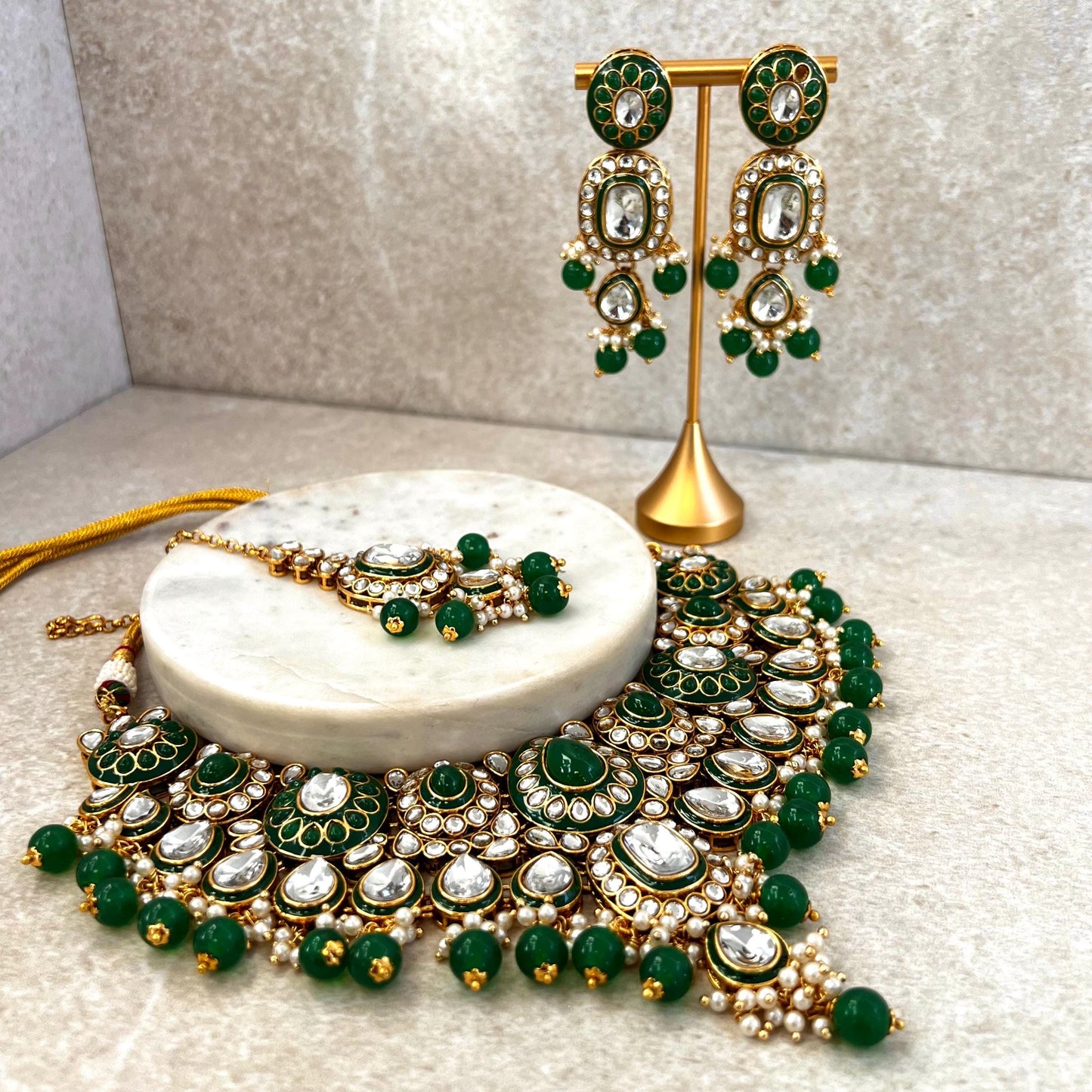 Green Large Faux Kundan Choker Set Earring/ Tikka High Quality Bright Gold Emerald Green Indian Pakistani Bollywood Fashion Jewellery Gift