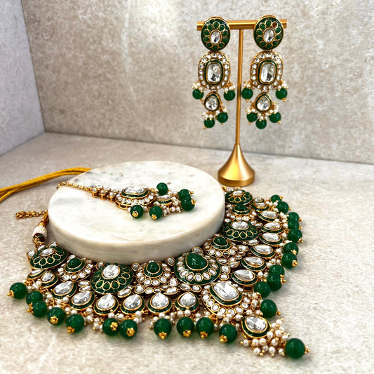 Green Large Faux Kundan Choker Set Earring/ Tikka High Quality Bright Gold Emerald Green Indian Pakistani Bollywood Fashion Jewellery Gift