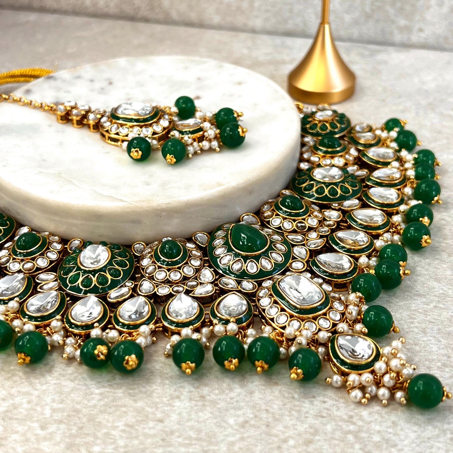 Green Large Faux Kundan Choker Set Earring/ Tikka High Quality Bright Gold Emerald Green Indian Pakistani Bollywood Fashion Jewellery Gift