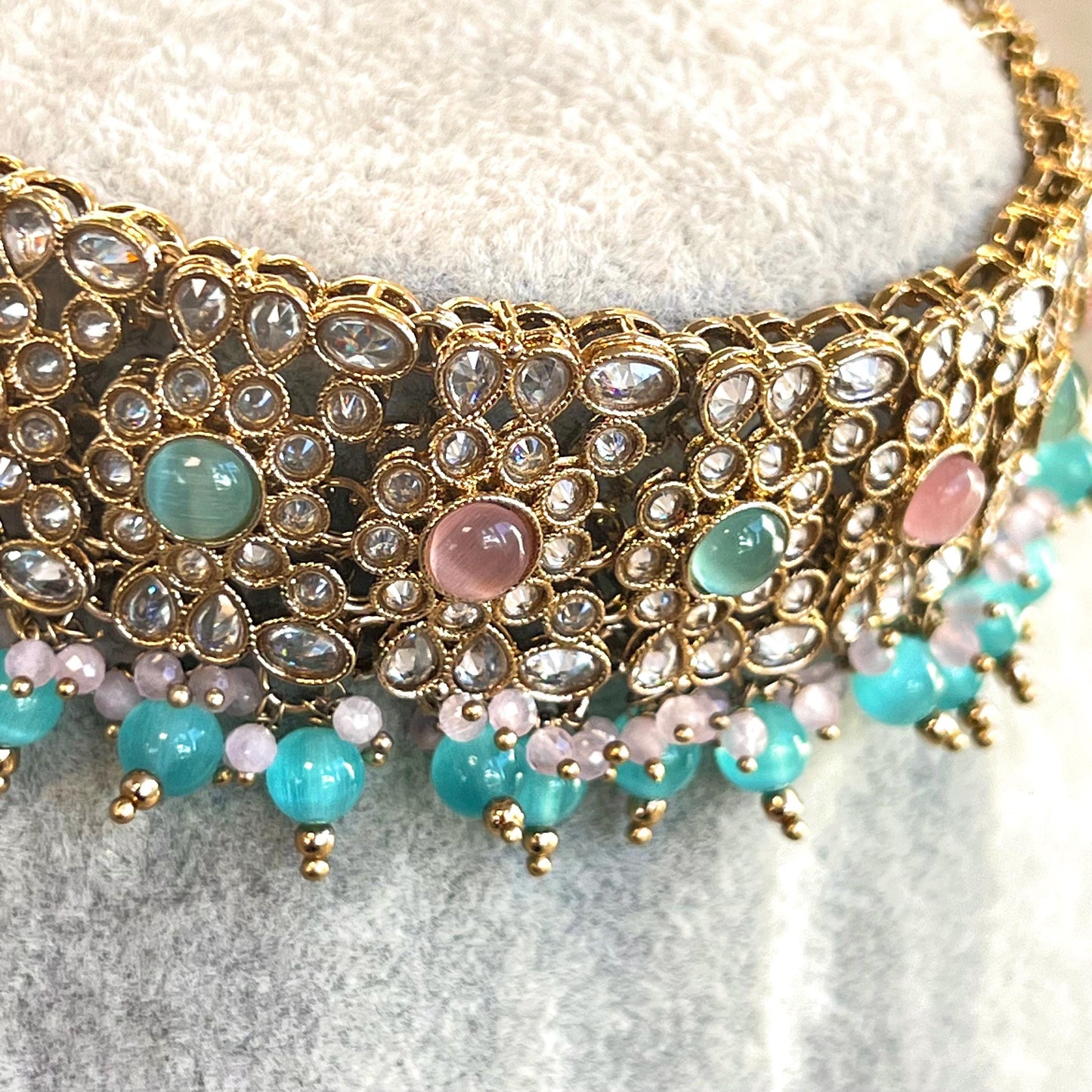 Pink Blue Antique Gold Champagne Zircon Crystal Choker Only Pastel Indian Pakistani Bollywood Fashion Jewellery Gift Sale High Quality