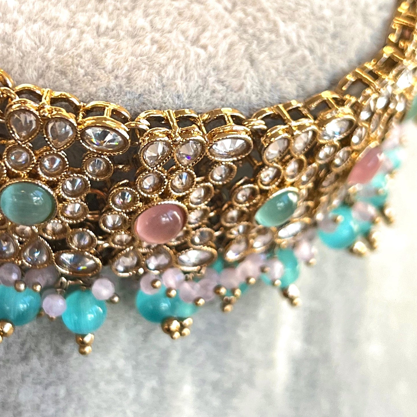 Pink Blue Antique Gold Champagne Zircon Crystal Choker Only Pastel Indian Pakistani Bollywood Fashion Jewellery Gift Sale High Quality