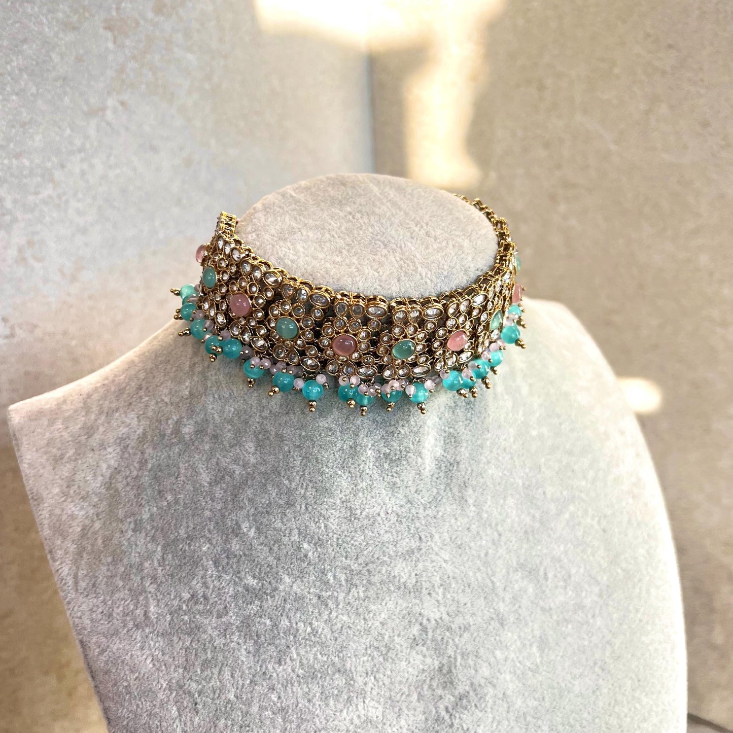 Pink Blue Antique Gold Champagne Zircon Crystal Choker Only Pastel Indian Pakistani Bollywood Fashion Jewellery Gift Sale High Quality