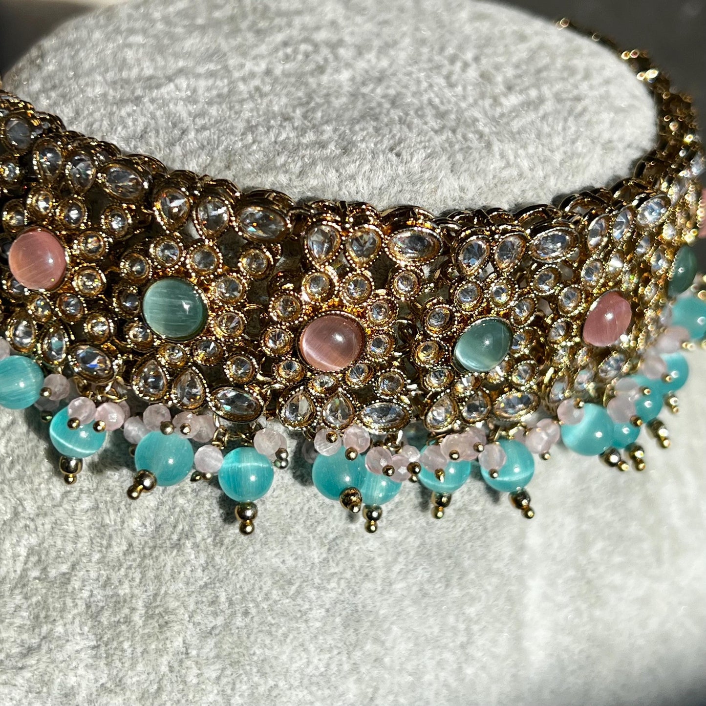 Pink Blue Antique Gold Champagne Zircon Crystal Choker Only Pastel Indian Pakistani Bollywood Fashion Jewellery Gift Sale High Quality