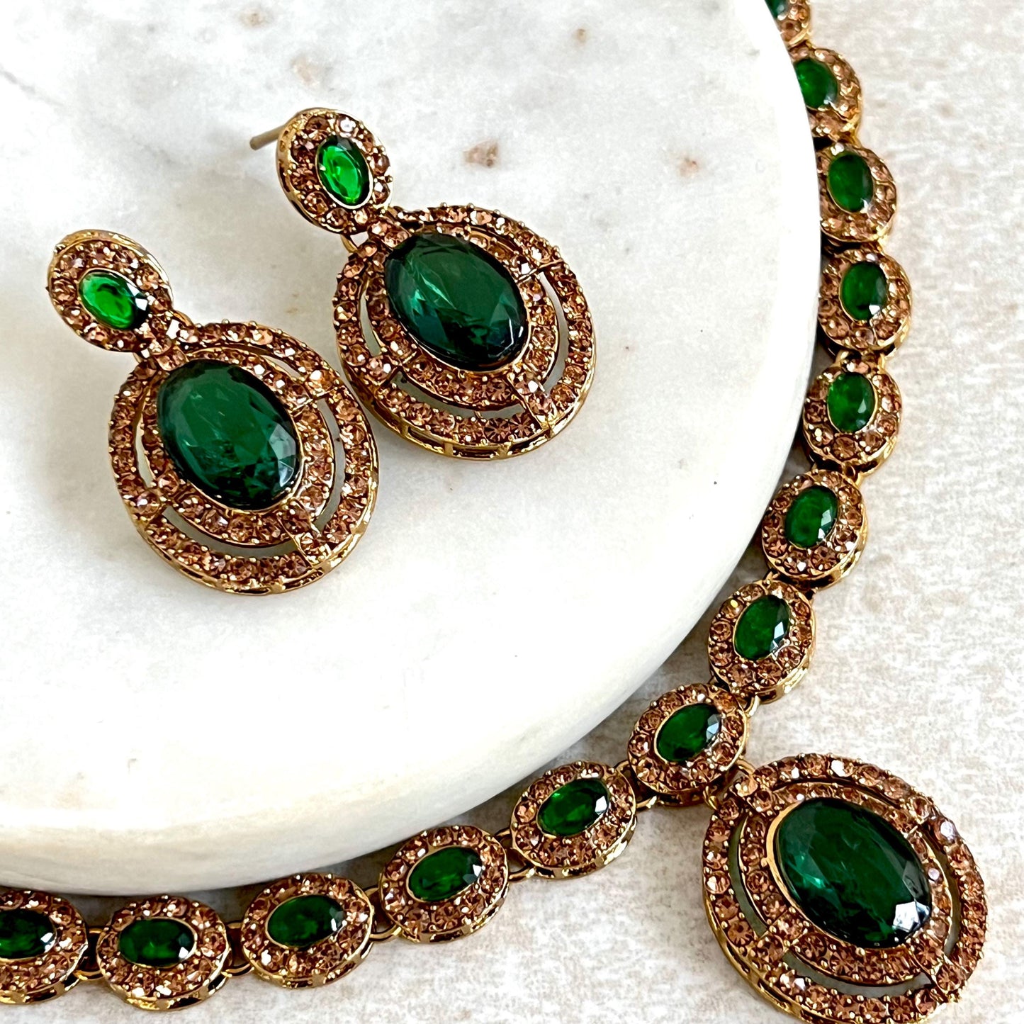 Green Antique Gold Small Simple Necklace Earring Set High Quality Indian Pakistani Bollywood Fashion Jewellery Lightweight Sale