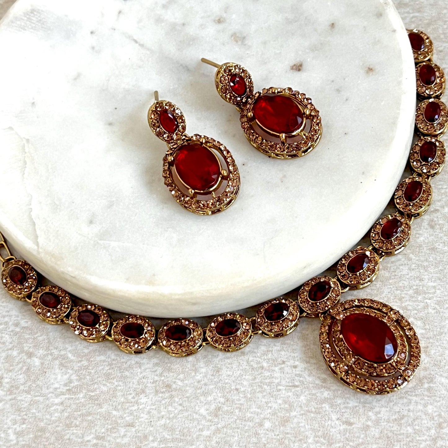 Red Maroon Antique Gold Small Simple Necklace Earring Set High Quality Indian Pakistani Bollywood Fashion Jewellery Lightweight Sale