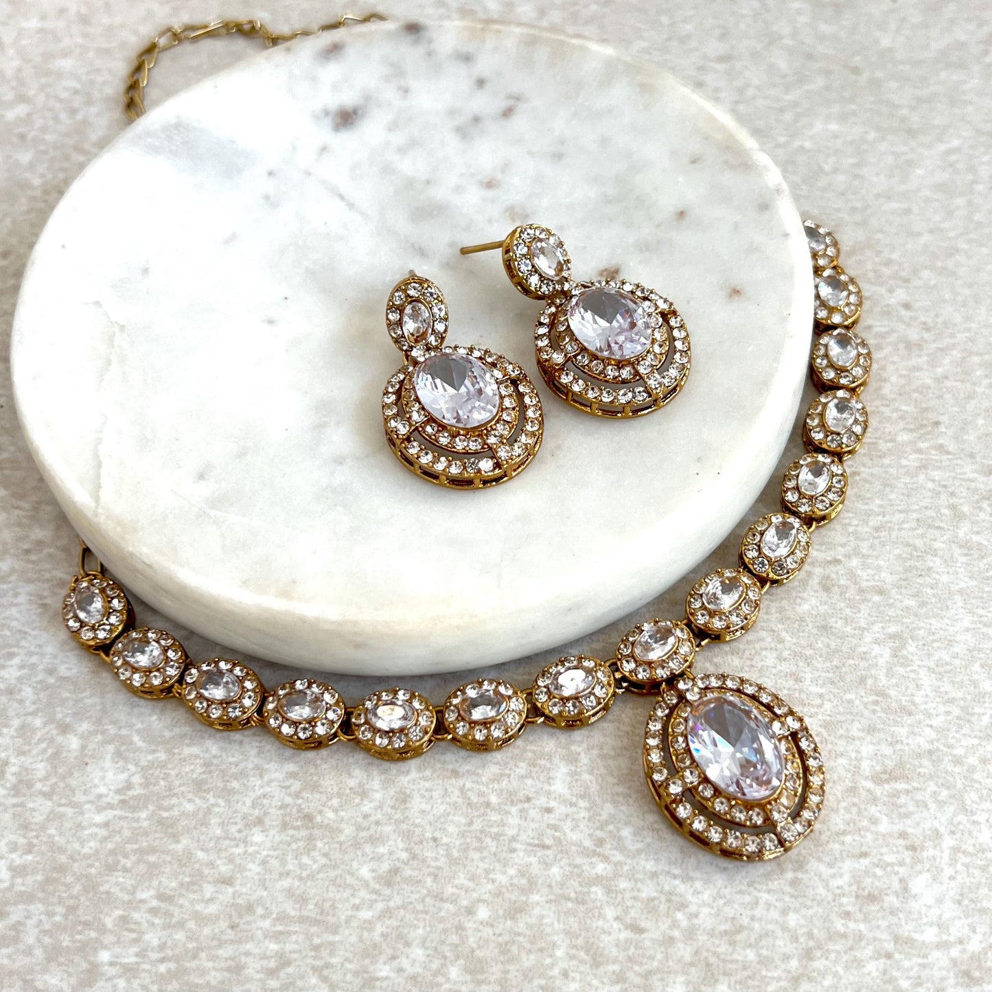 Clear Antique Gold Small Simple Necklace Earring Set High Quality Indian Pakistani Bollywood Fashion Jewellery Lightweight Sale