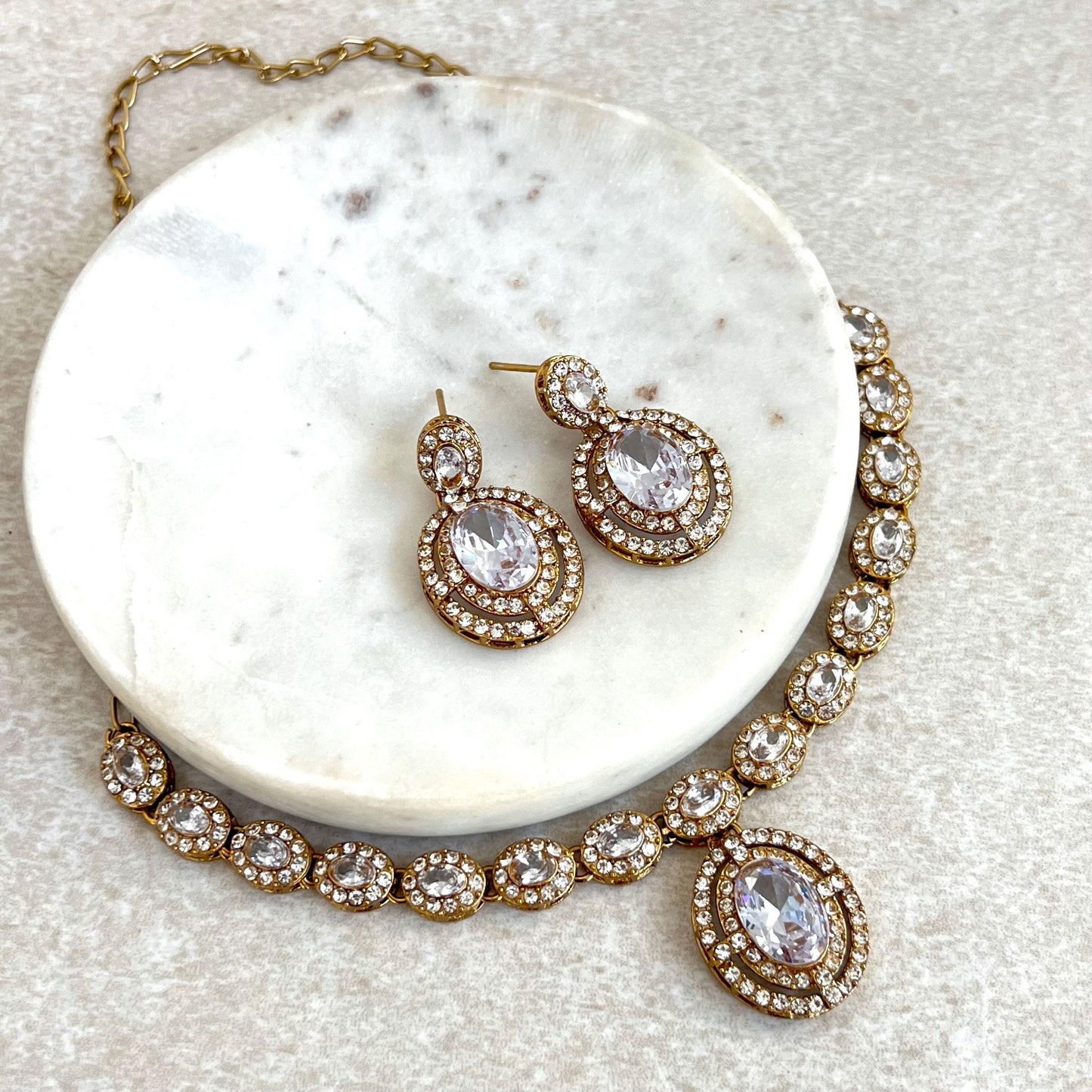 Clear Antique Gold Small Simple Necklace Earring Set High Quality Indian Pakistani Bollywood Fashion Jewellery Lightweight Sale