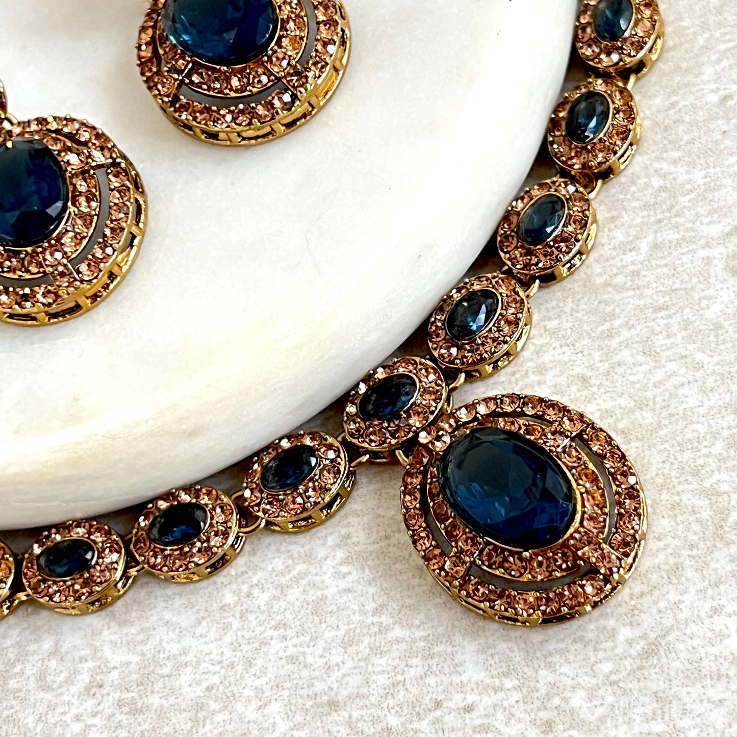 Navy Blue Antique Gold Small Simple Necklace Earring Set High Quality Indian Pakistani Bollywood Fashion Jewellery Lightweight Sale