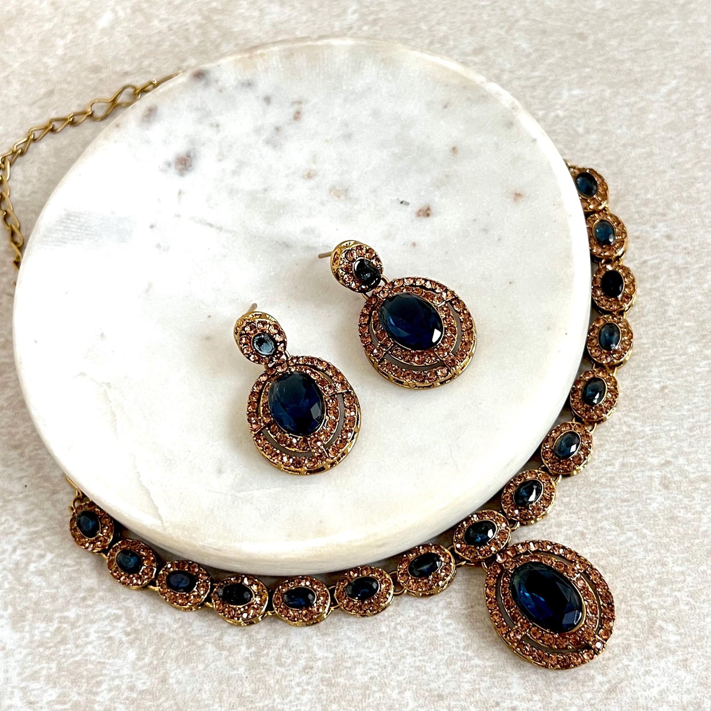 Navy Blue Antique Gold Small Simple Necklace Earring Set High Quality Indian Pakistani Bollywood Fashion Jewellery Lightweight Sale