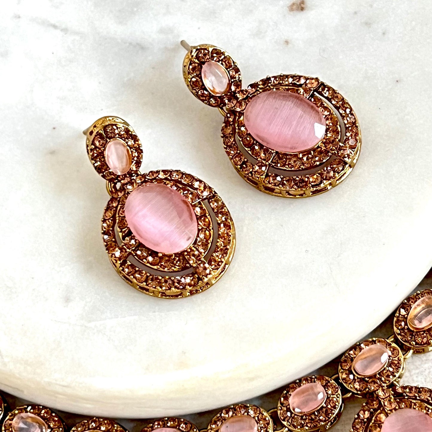 Pink Antique Gold Small Simple Necklace Earring Set High Quality Indian Pakistani Bollywood Fashion Jewellery Lightweight Sale