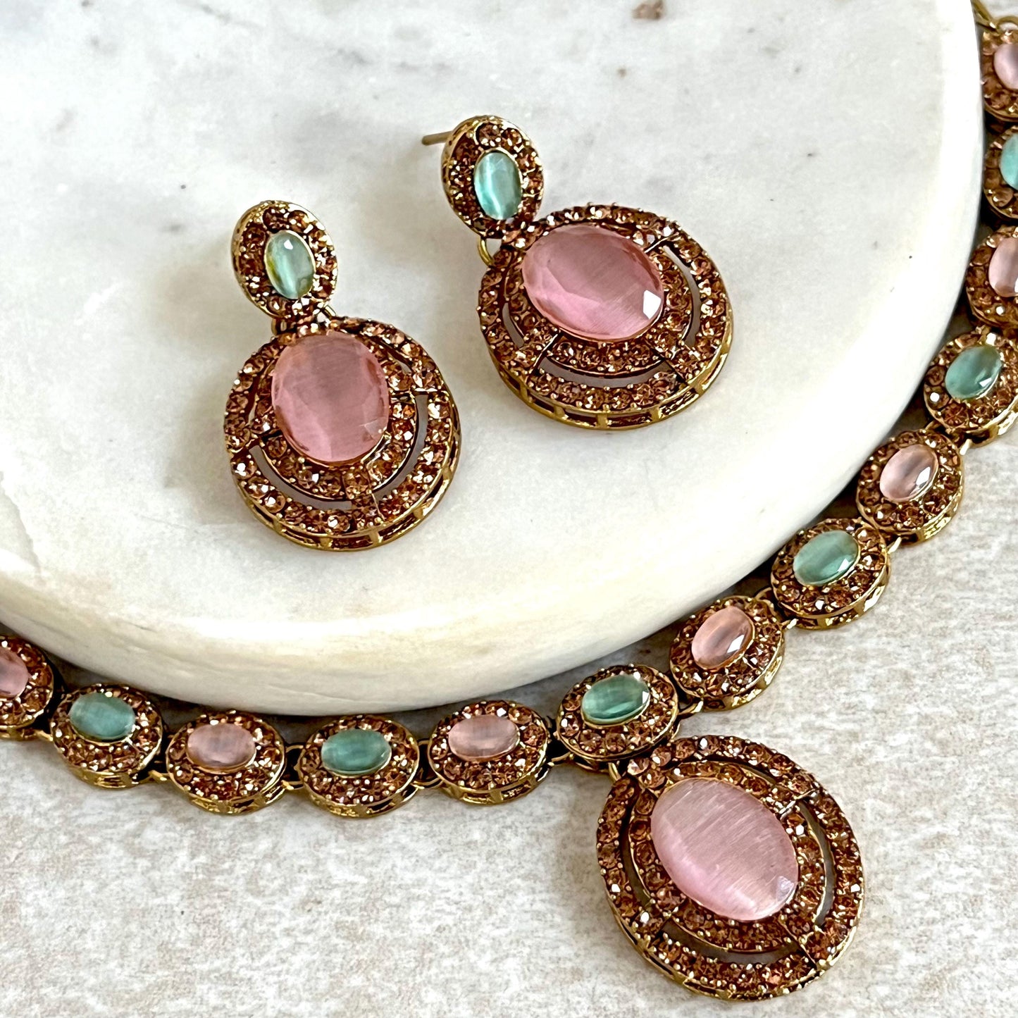 Pink Blue Pastel Antique Gold Small Simple Necklace Earring Set High Quality Indian Pakistani Bollywood Fashion Jewellery Lightweight Sale