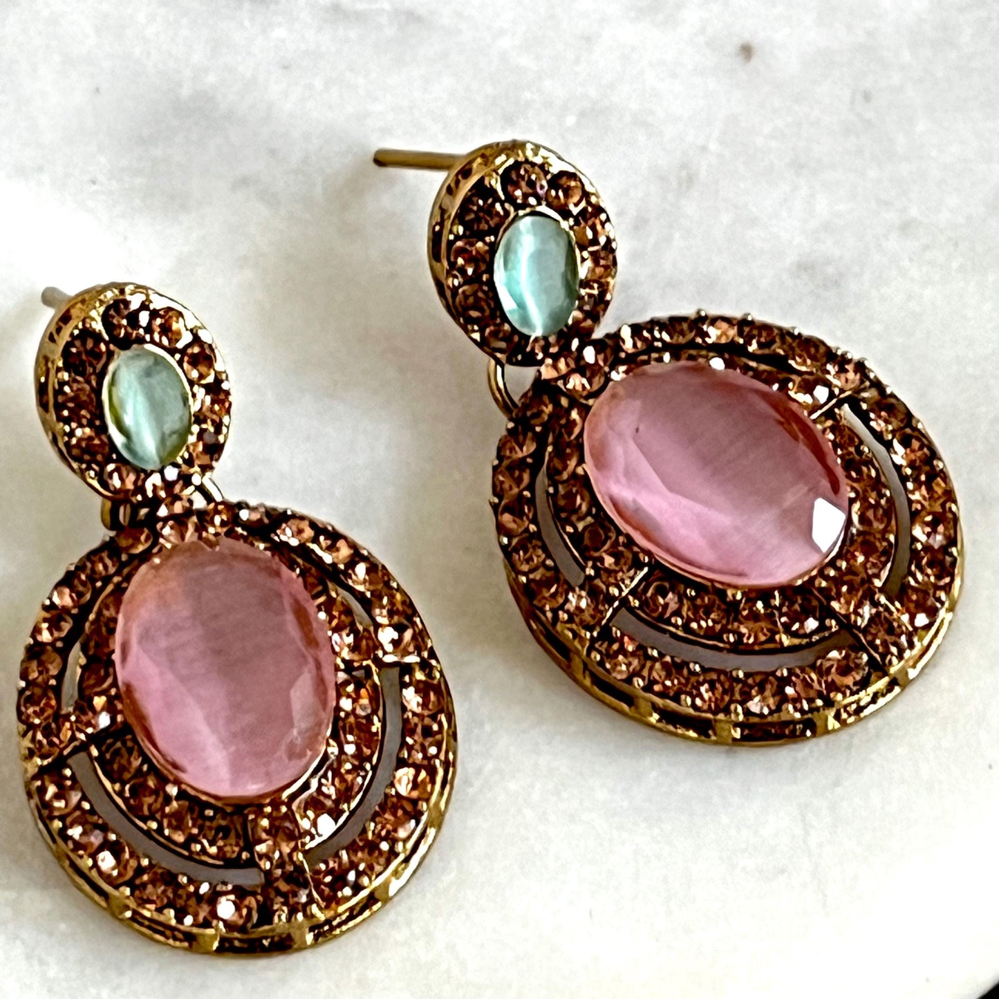 Pink Blue Pastel Antique Gold Small Simple Necklace Earring Set High Quality Indian Pakistani Bollywood Fashion Jewellery Lightweight Sale