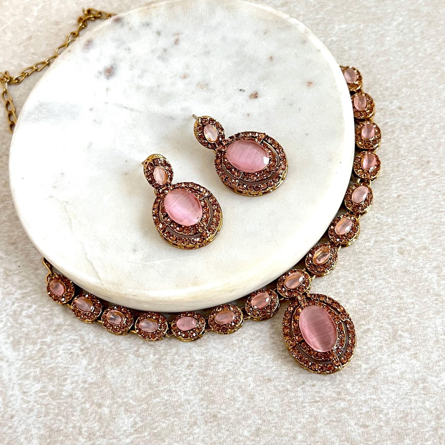 Pink Antique Gold Small Simple Necklace Earring Set High Quality Indian Pakistani Bollywood Fashion Jewellery Lightweight Sale