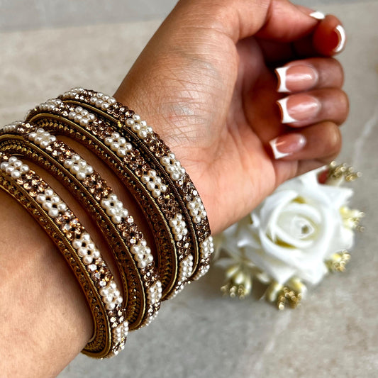 Pearl Chunky Antique Gold Rhinestone Set Of 4 Bangles High Quality Indian Pakistani Bollywood Fashion Jewellery Churi Bracelet All Sizes