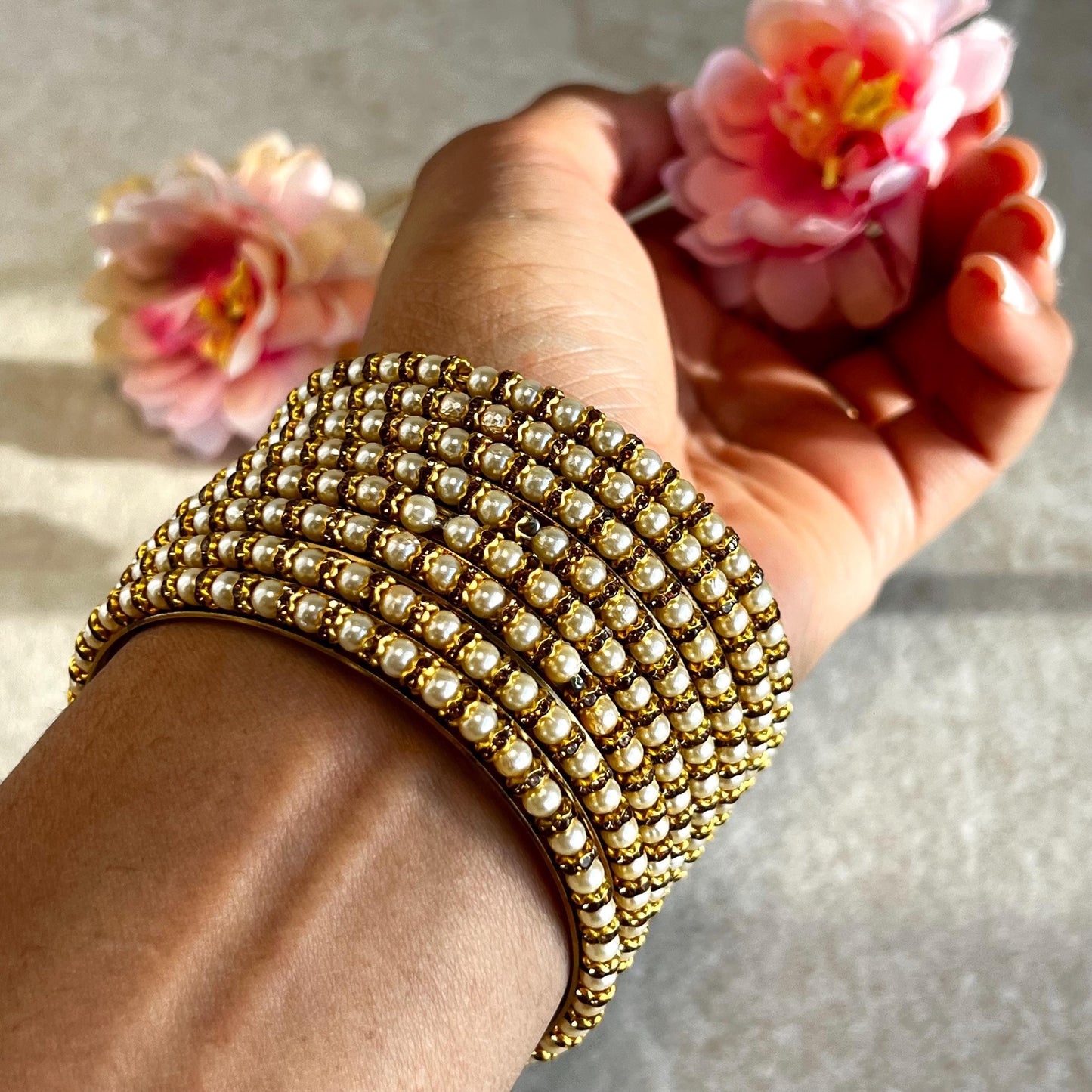 Pearl Antique Gold Rhinestone Set Of 8 Bangles High Quality Indian Pakistani Bollywood Fashion Jewellery Churi Bracelet All Sizes