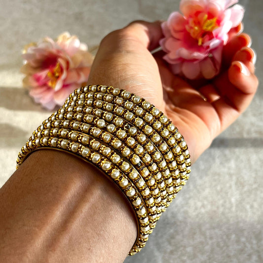 Pearl Antique Gold Rhinestone Set Of 8 Bangles High Quality Indian Pakistani Bollywood Fashion Jewellery Churi Bracelet All Sizes