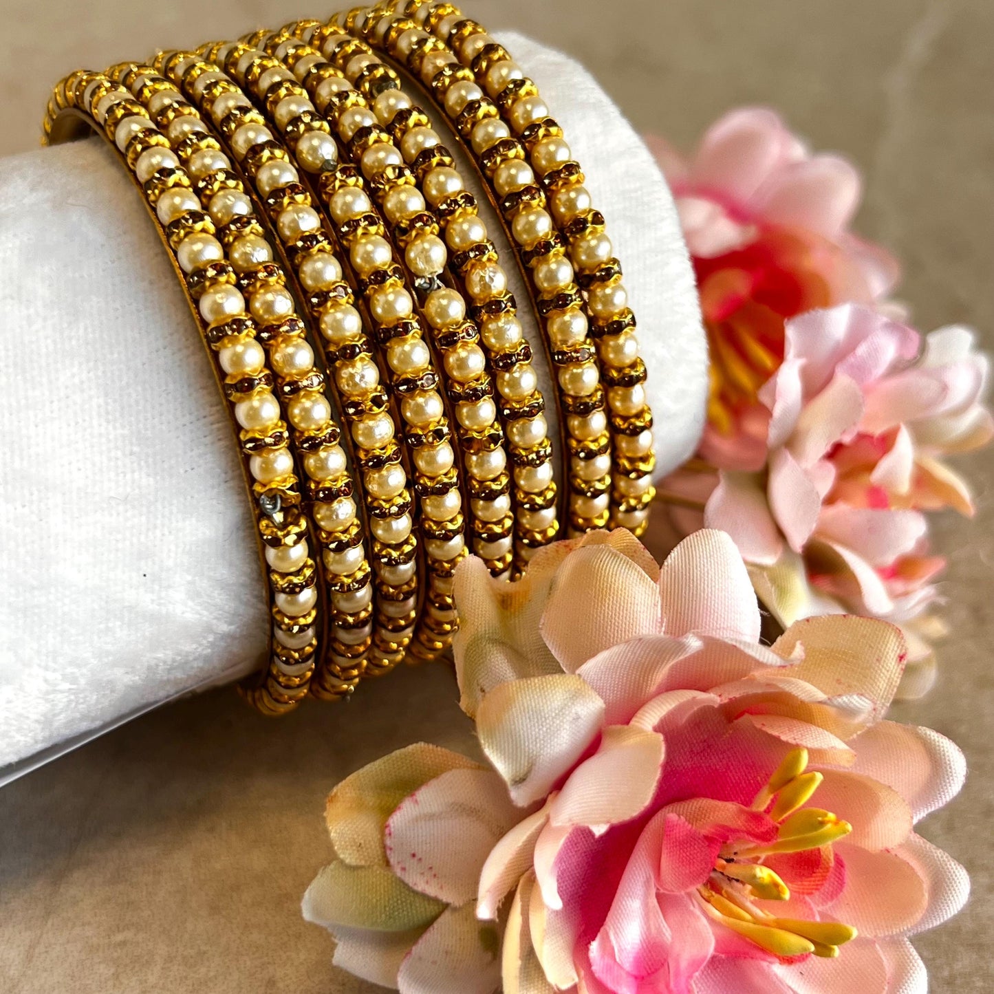 Pearl Antique Gold Rhinestone Set Of 8 Bangles High Quality Indian Pakistani Bollywood Fashion Jewellery Churi Bracelet All Sizes