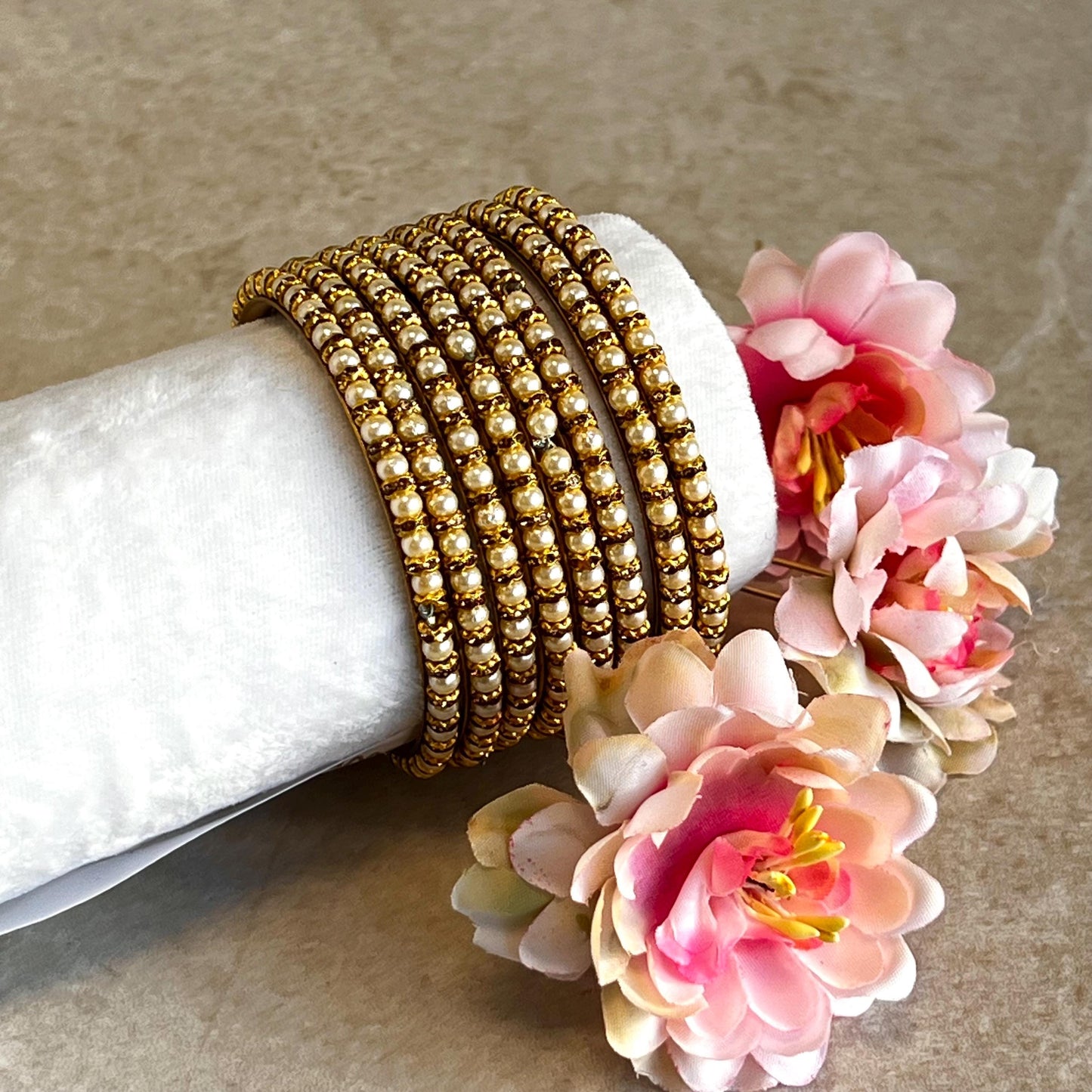 Pearl Antique Gold Rhinestone Set Of 8 Bangles High Quality Indian Pakistani Bollywood Fashion Jewellery Churi Bracelet All Sizes