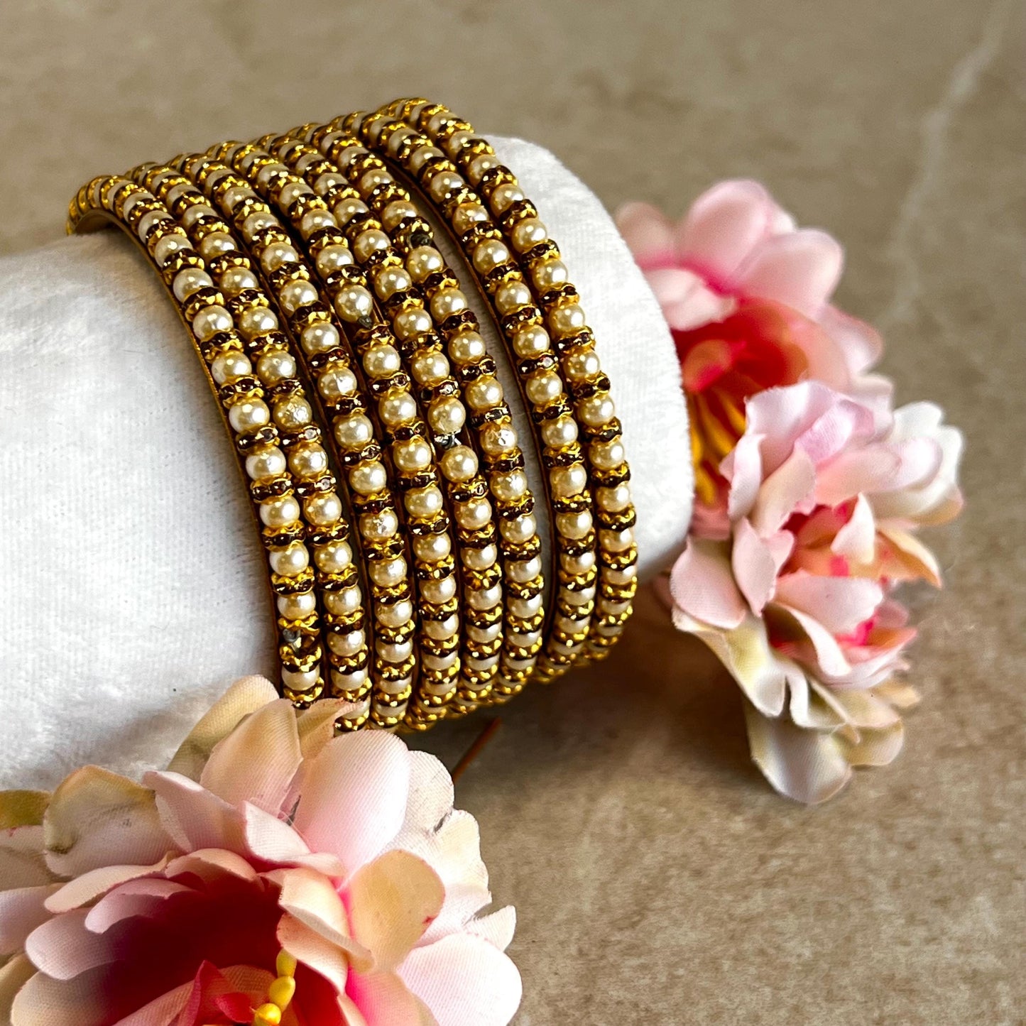 Pearl Antique Gold Rhinestone Set Of 8 Bangles High Quality Indian Pakistani Bollywood Fashion Jewellery Churi Bracelet All Sizes