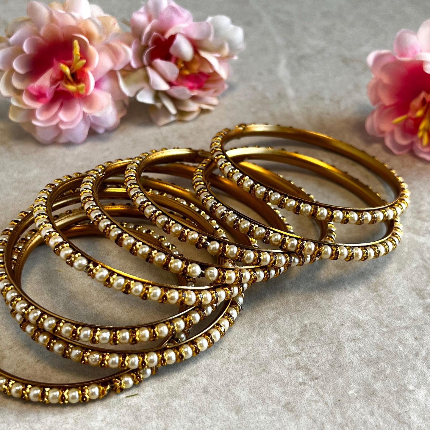 Pearl Antique Gold Rhinestone Set Of 8 Bangles High Quality Indian Pakistani Bollywood Fashion Jewellery Churi Bracelet All Sizes