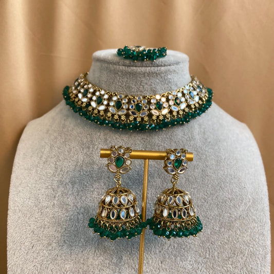 Mirror Choker Set with Chain Earring detail Earring/ Tikka/ Tikli/ Indian/ Pakistani/Fashion Jewellery/ Gift for Women/green