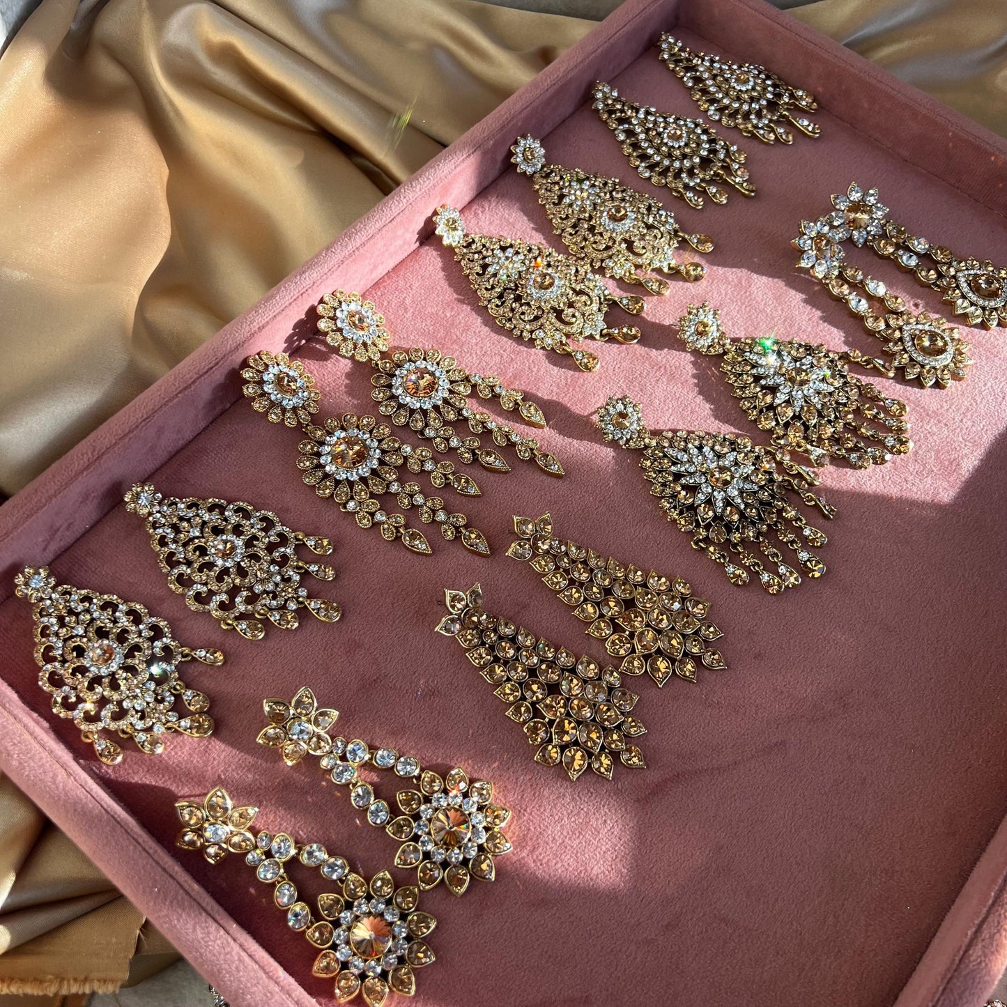 Extra Large Golden Rhinestone Fancy Indian Earrings Flat High Quality Earring Bollywood Indian Pakistani Fashion Jewellery Party Style