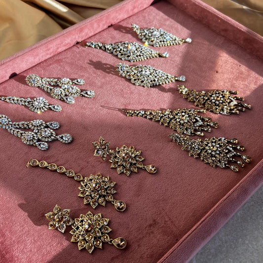 Large Golden Rhinestone Indian Earrings and Tikka Flat High Quality Earring Bollywood Indian Pakistani Fashion Jewellery Party Style