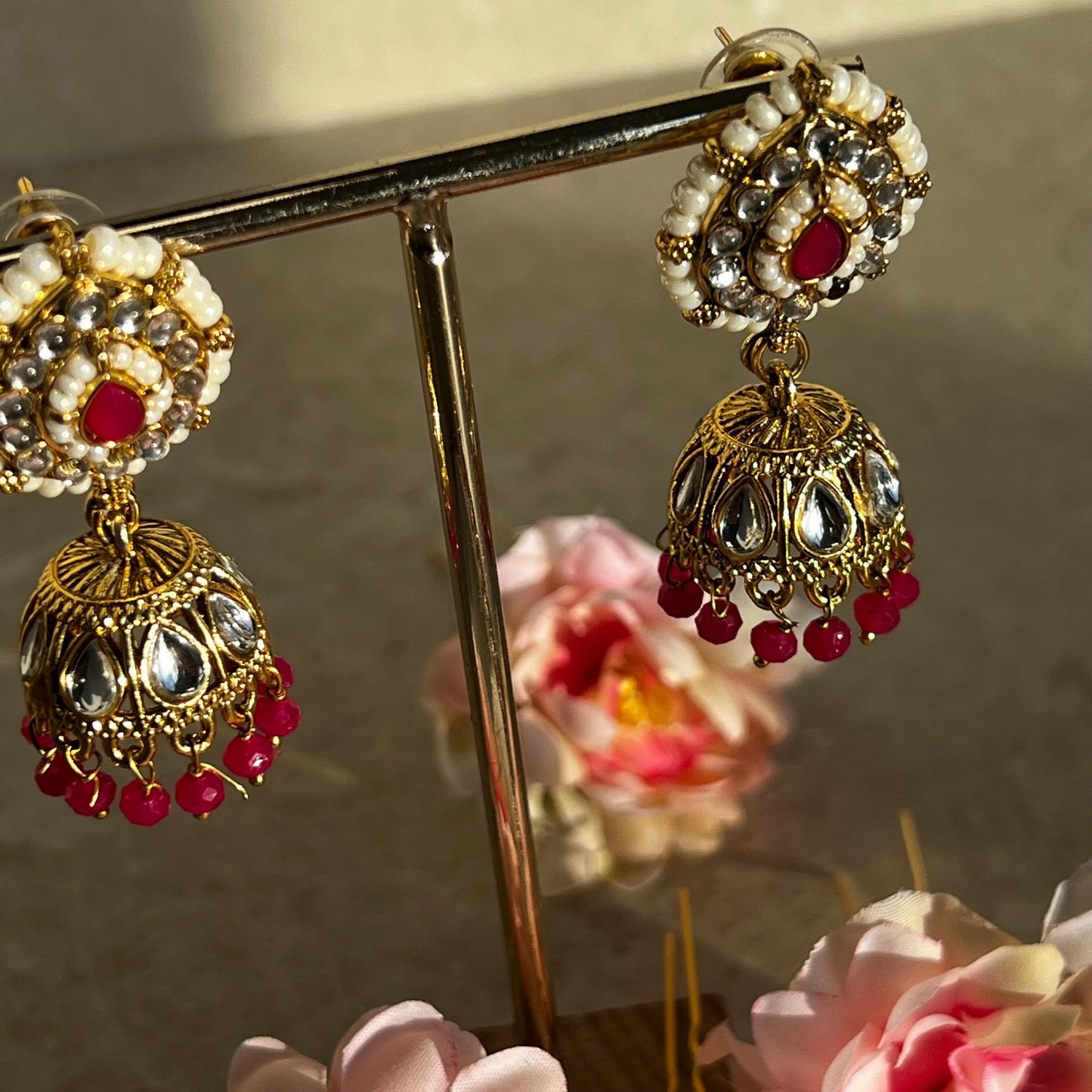 Faux Kundan Hot Pink Ruby Necklace Set Small Jhumka Earring Tikka Bollywood Indian Pakistani Fashion Jewellery Gift for Women