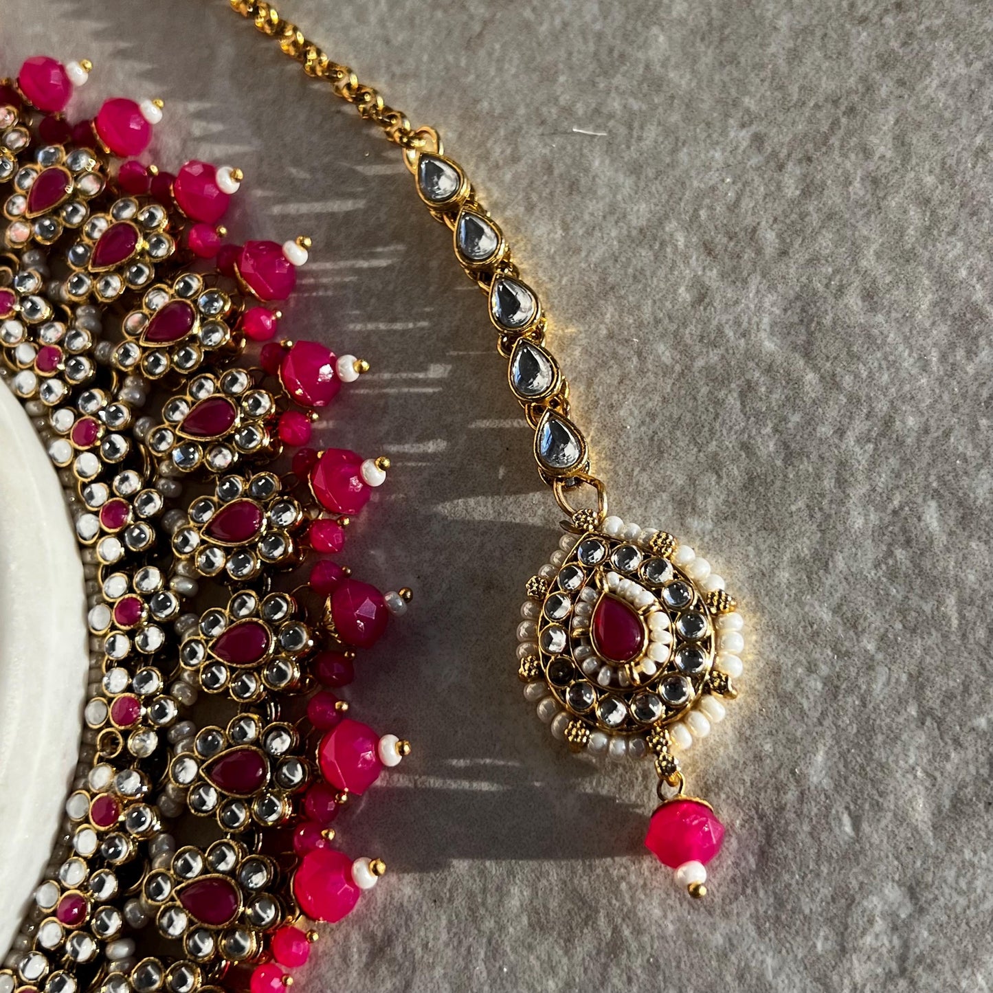 Faux Kundan Hot Pink Ruby Necklace Set Small Jhumka Earring Tikka Bollywood Indian Pakistani Fashion Jewellery Gift for Women