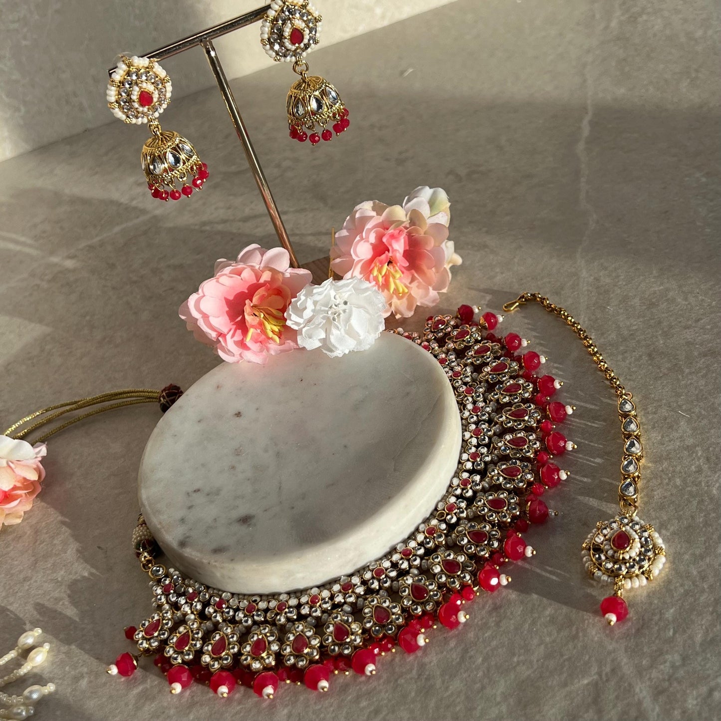 Faux Kundan Hot Pink Ruby Necklace Set Small Jhumka Earring Tikka Bollywood Indian Pakistani Fashion Jewellery Gift for Women